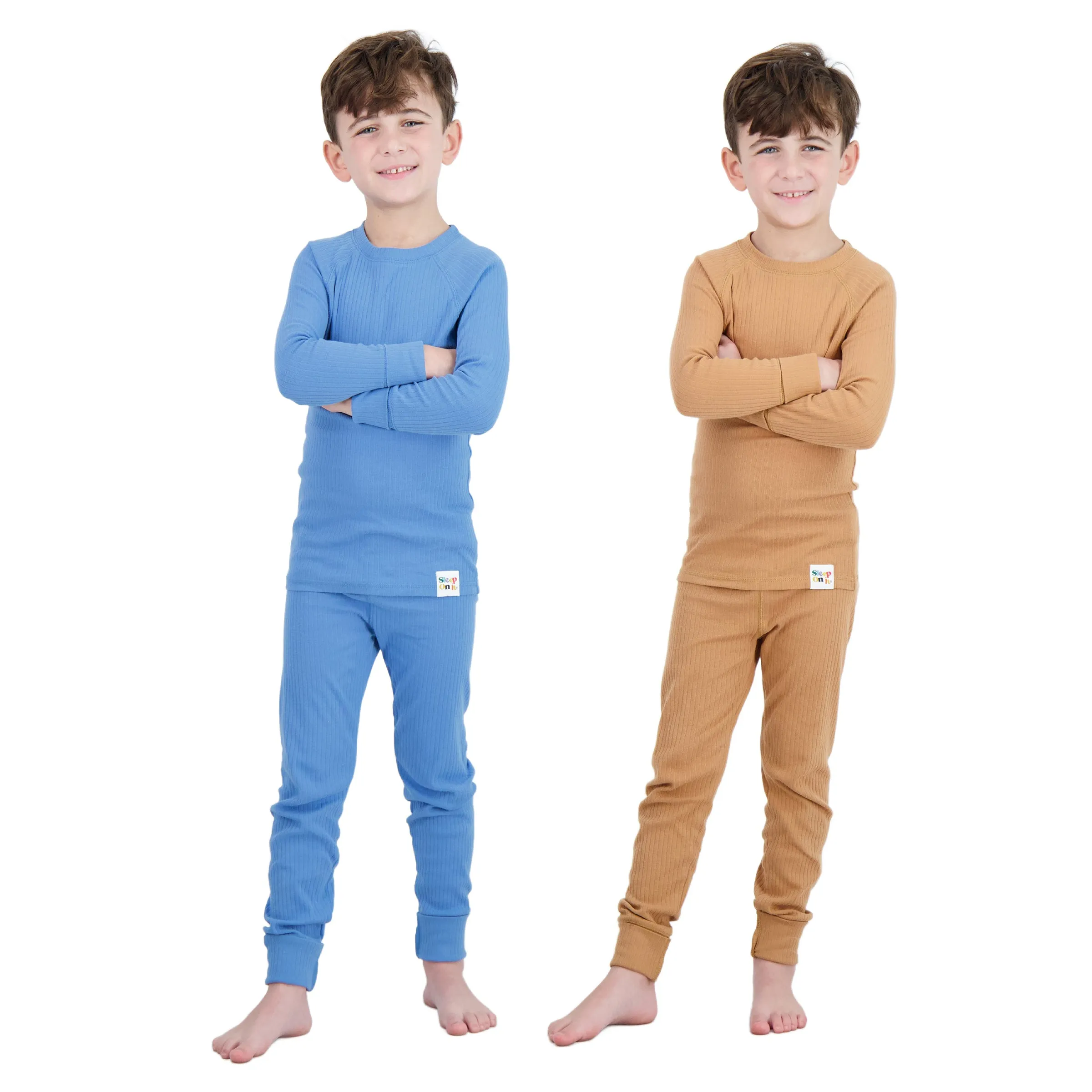 4-Piece 100% Organic Cotton Rib Knit Pajama Sets for Boys & Girls, Blue & Caramel