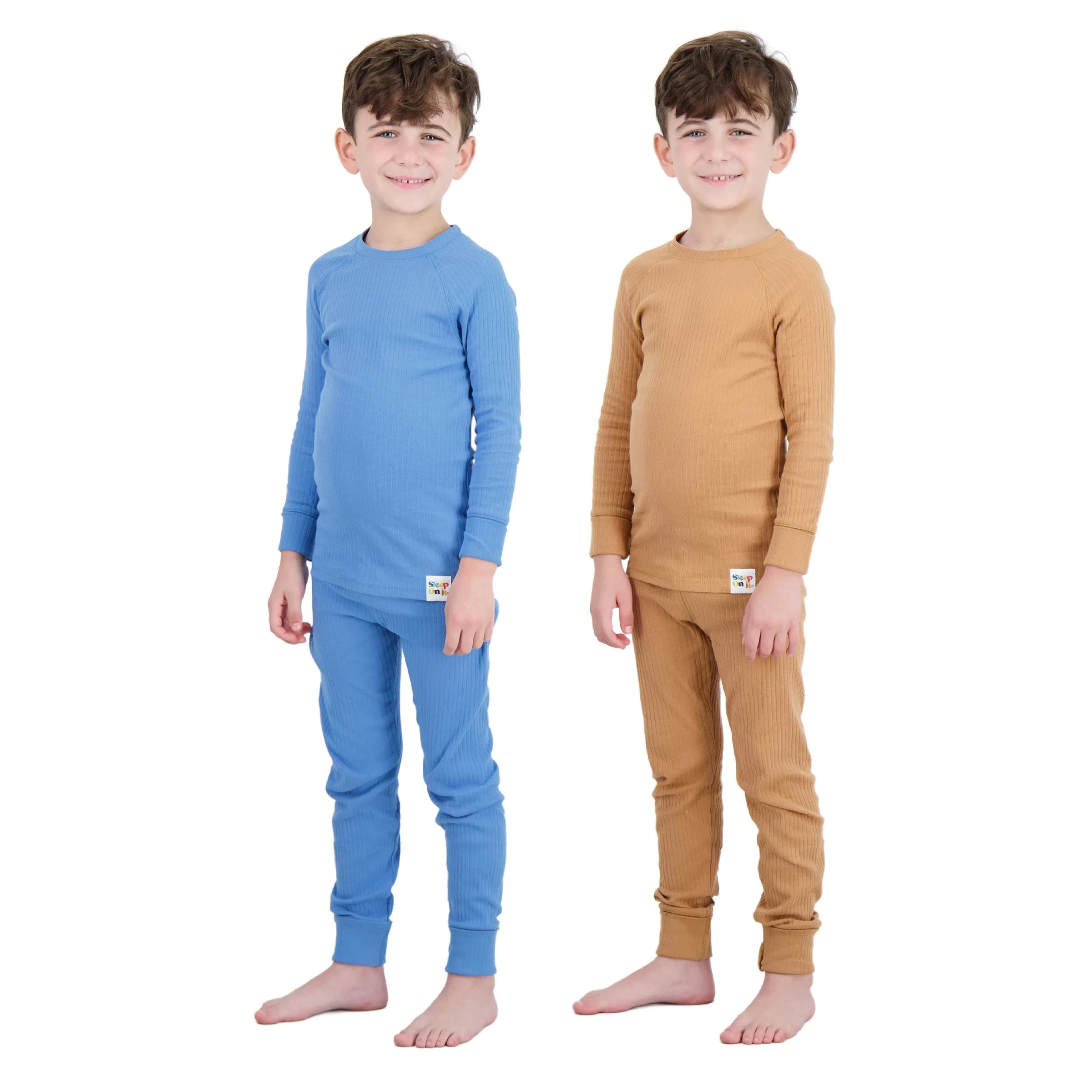 4-Piece 100% Organic Cotton Rib Knit Pajama Sets for Boys & Girls, Blue & Caramel