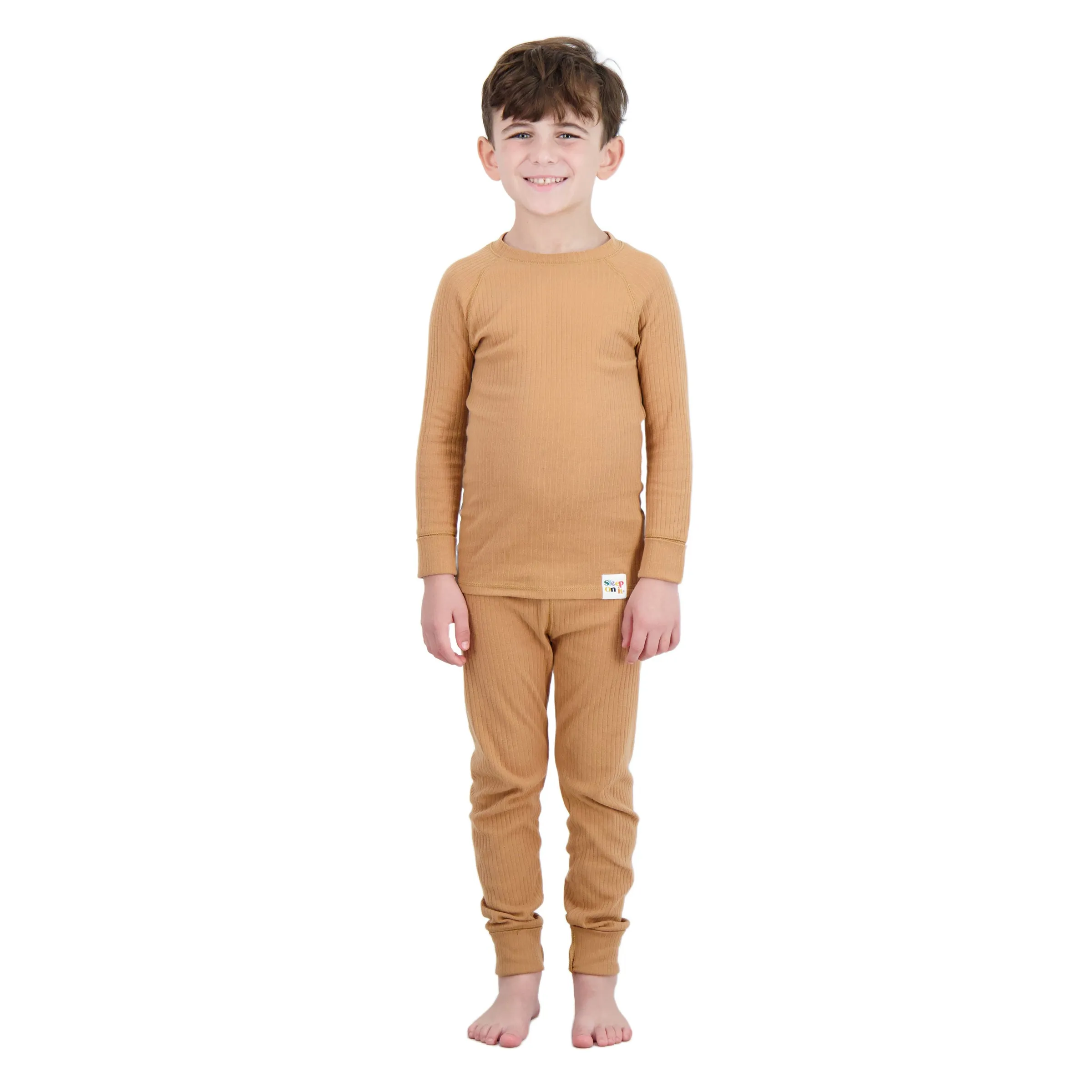 4-Piece 100% Organic Cotton Rib Knit Pajama Sets for Boys & Girls, Blue & Caramel