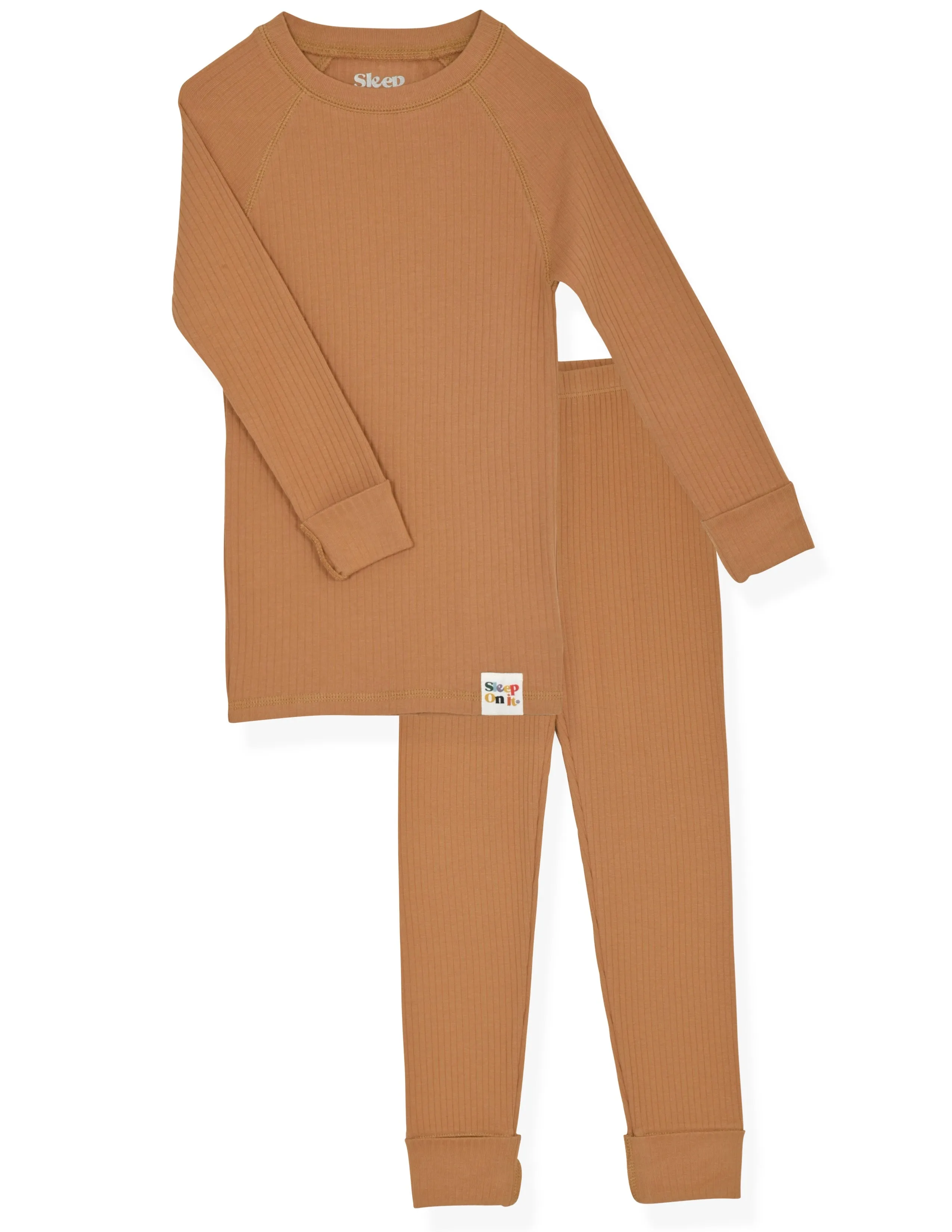 4-Piece 100% Organic Cotton Rib Knit Pajama Sets for Boys & Girls, Blue & Caramel