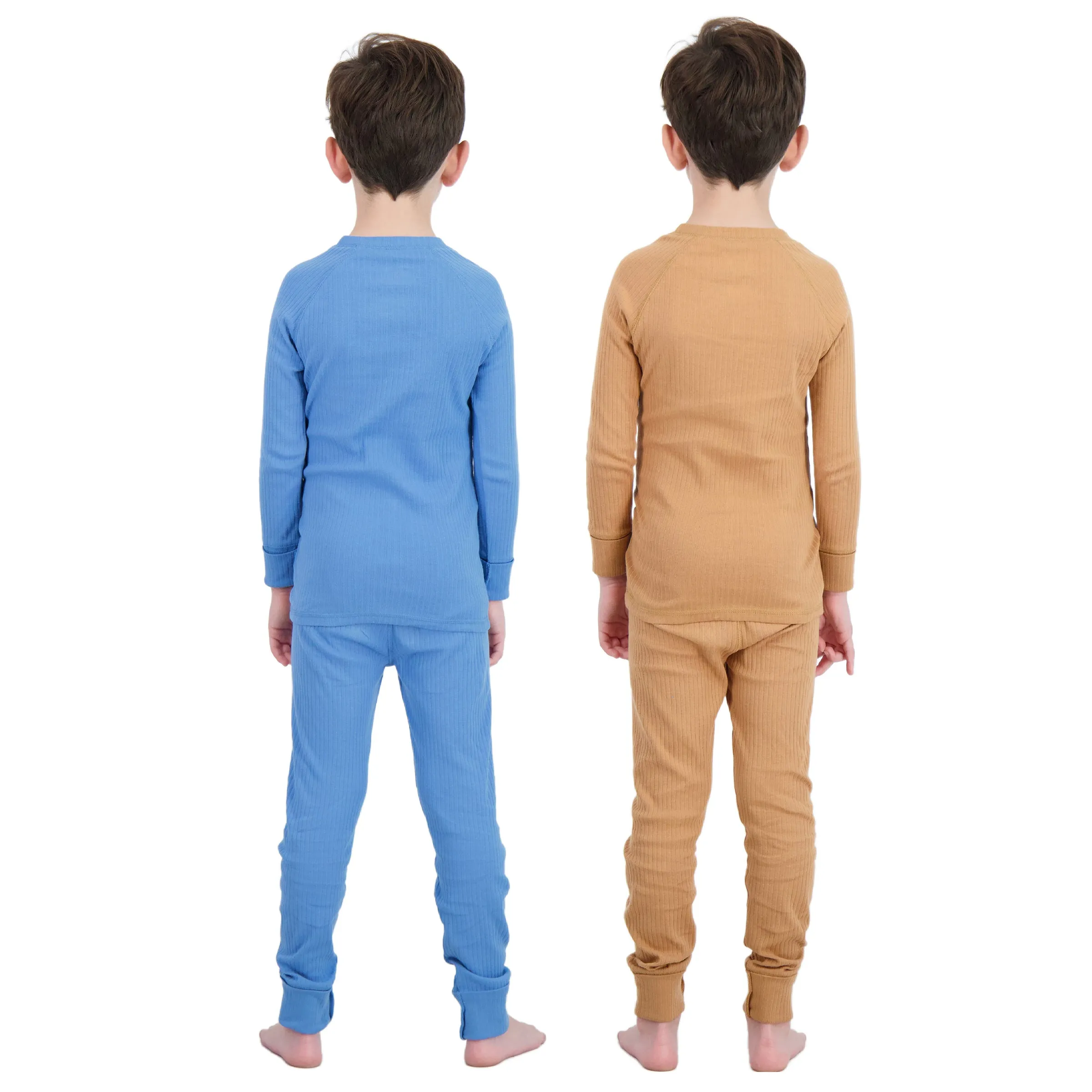 4-Piece 100% Organic Cotton Rib Knit Pajama Sets for Boys & Girls, Blue & Caramel