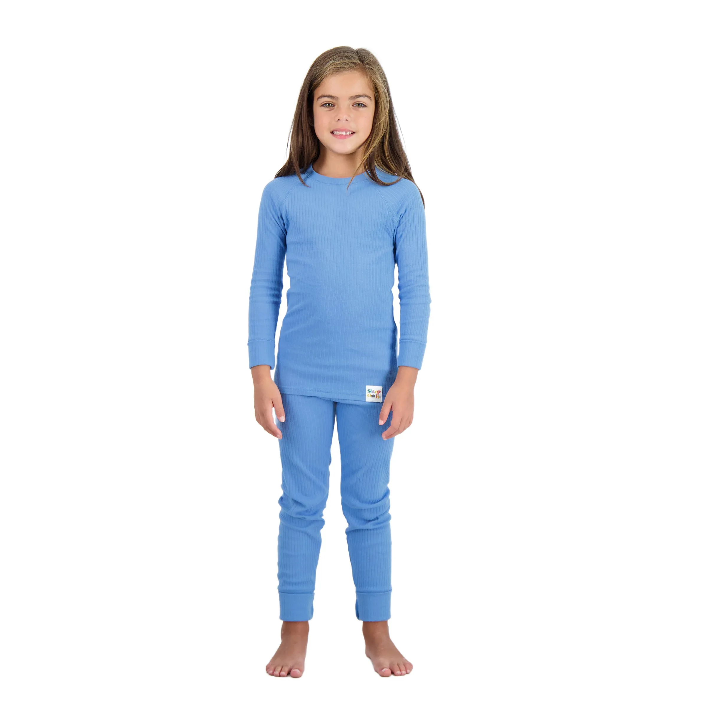 4-Piece 100% Organic Cotton Rib Knit Pajama Sets for Boys & Girls, Blue & Caramel