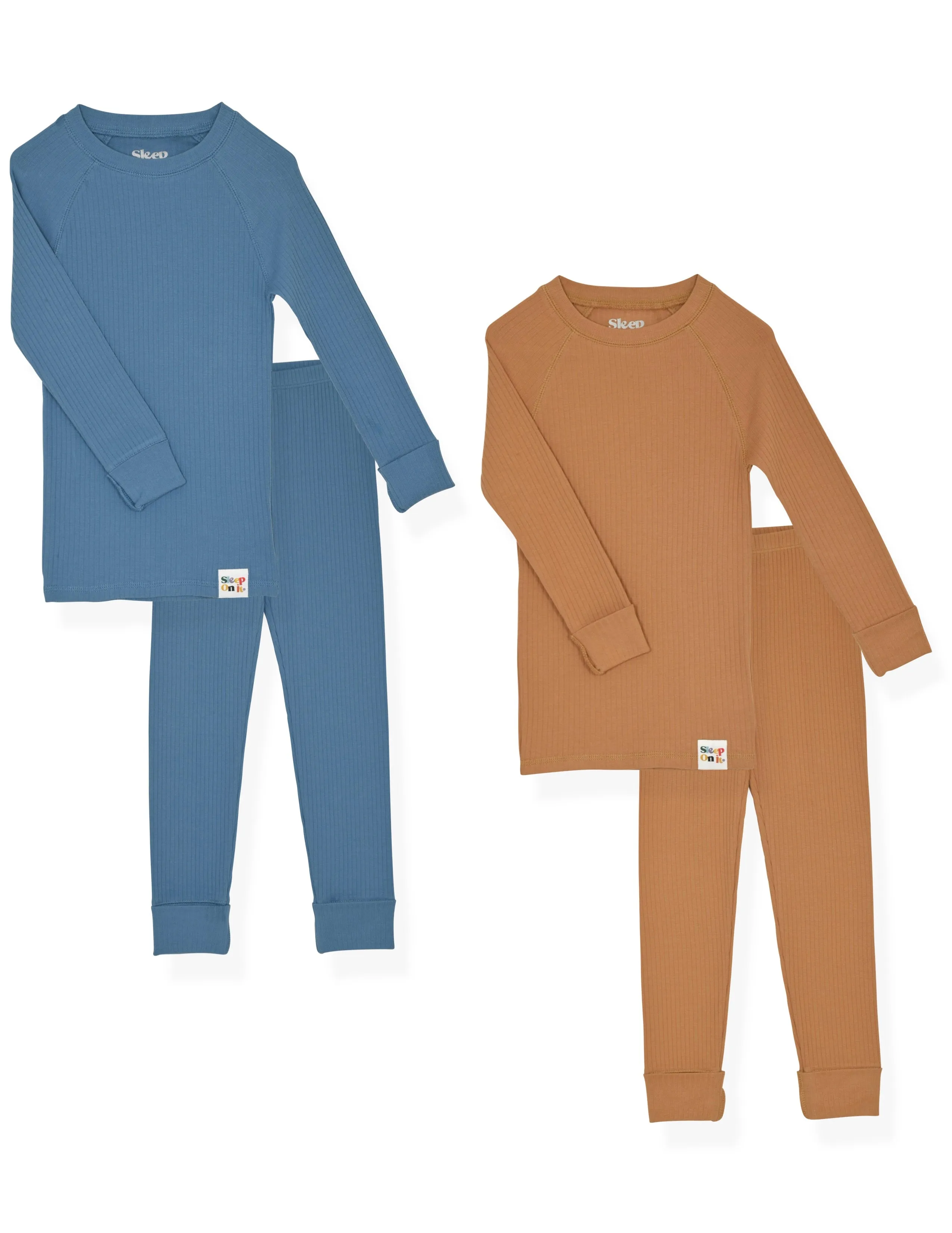 4-Piece 100% Organic Cotton Rib Knit Pajama Sets for Boys & Girls, Blue & Caramel