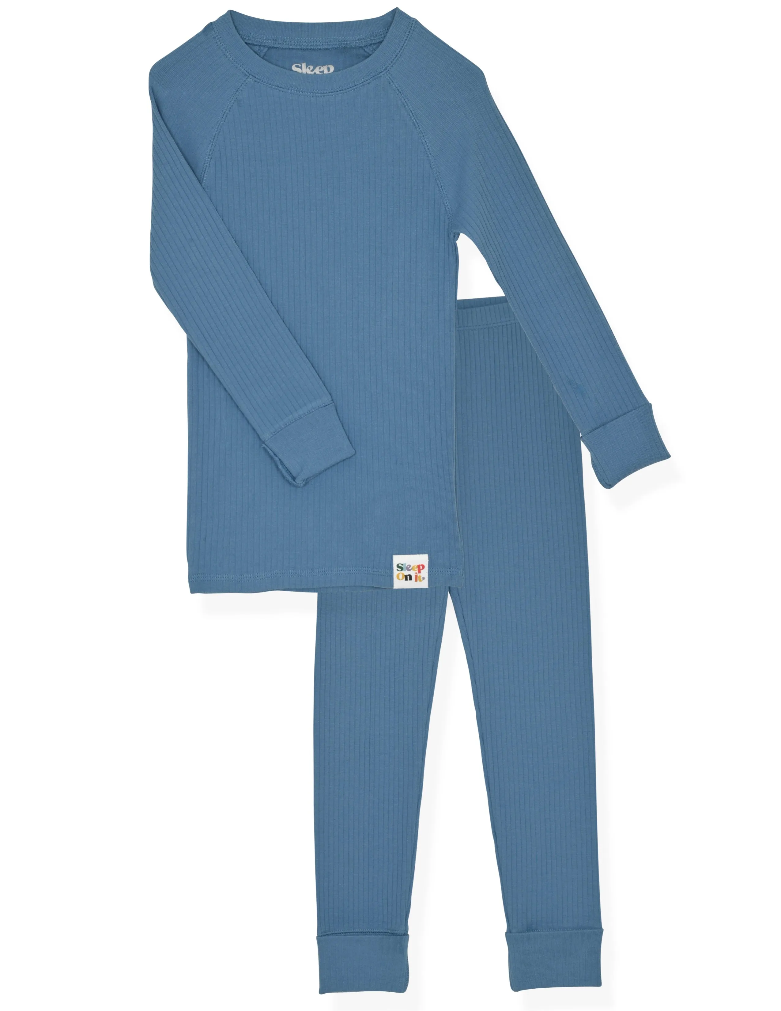4-Piece 100% Organic Cotton Rib Knit Pajama Sets for Boys & Girls, Blue & Caramel