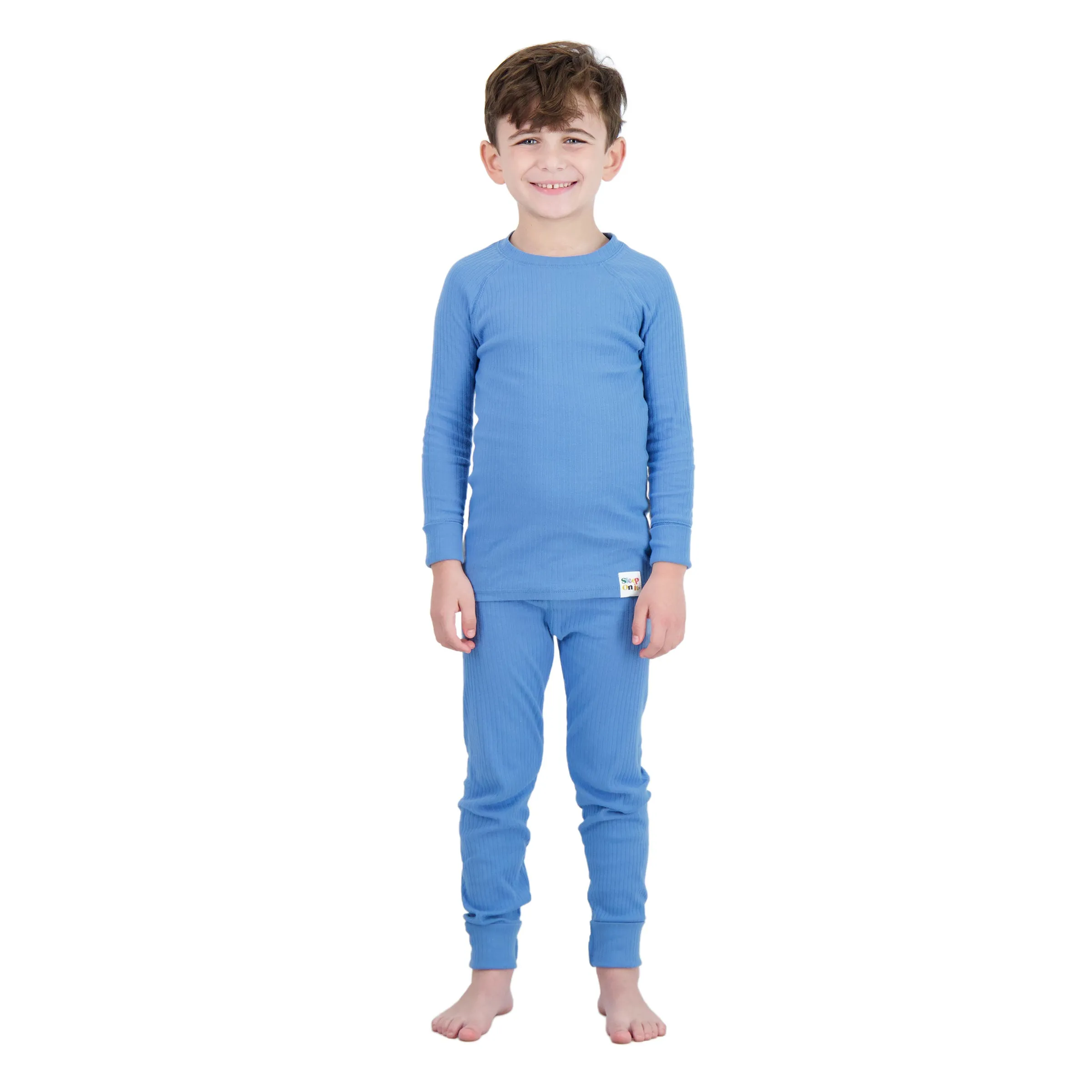 4-Piece 100% Organic Cotton Rib Knit Pajama Sets for Boys & Girls, Blue & Caramel