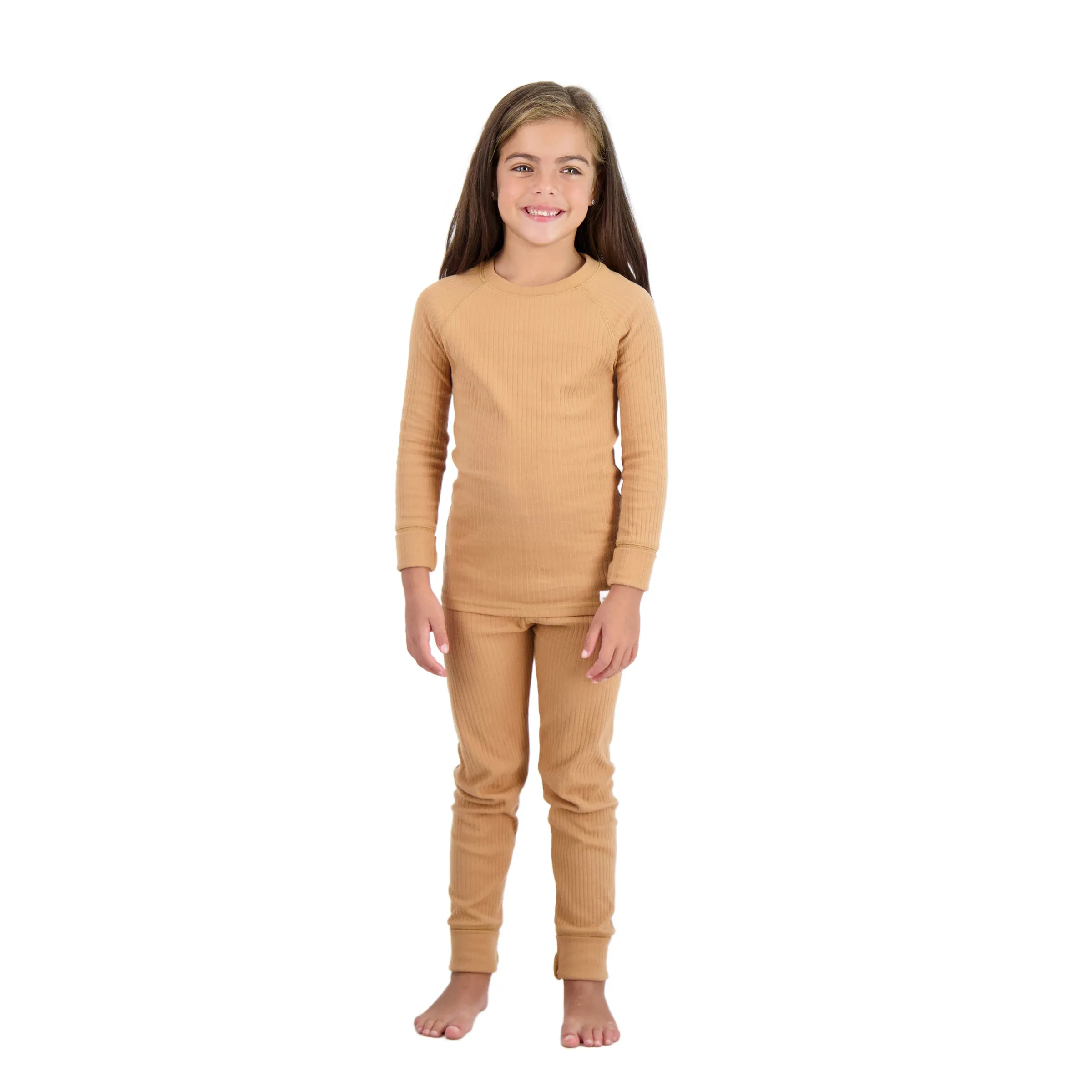 4-Piece 100% Organic Cotton Rib Knit Pajama Sets for Boys & Girls, Blue & Caramel