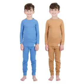 4-Piece 100% Organic Cotton Rib Knit Pajama Sets for Boys & Girls, Blue & Caramel
