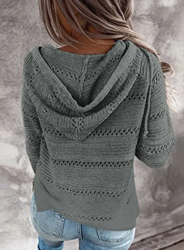 Biucly Womens Solid Color Lightweight Knit Sweater Casual Long Sleeve Zip Up Hoodie Jacket Drawstring Hooded Sweatshirt Tops Fall Fashion Clothes for Women 2022,US 18-20(2XL),Grey