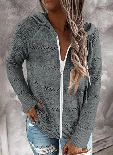 Biucly Womens Solid Color Lightweight Knit Sweater Casual Long Sleeve Zip Up Hoodie Jacket Drawstring Hooded Sweatshirt Tops Fall Fashion Clothes for Women 2022,US 18-20(2XL),Grey