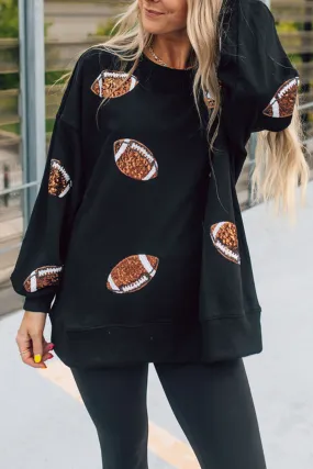 Black Sequin Rugby Graphic Pullover Sweatshirt