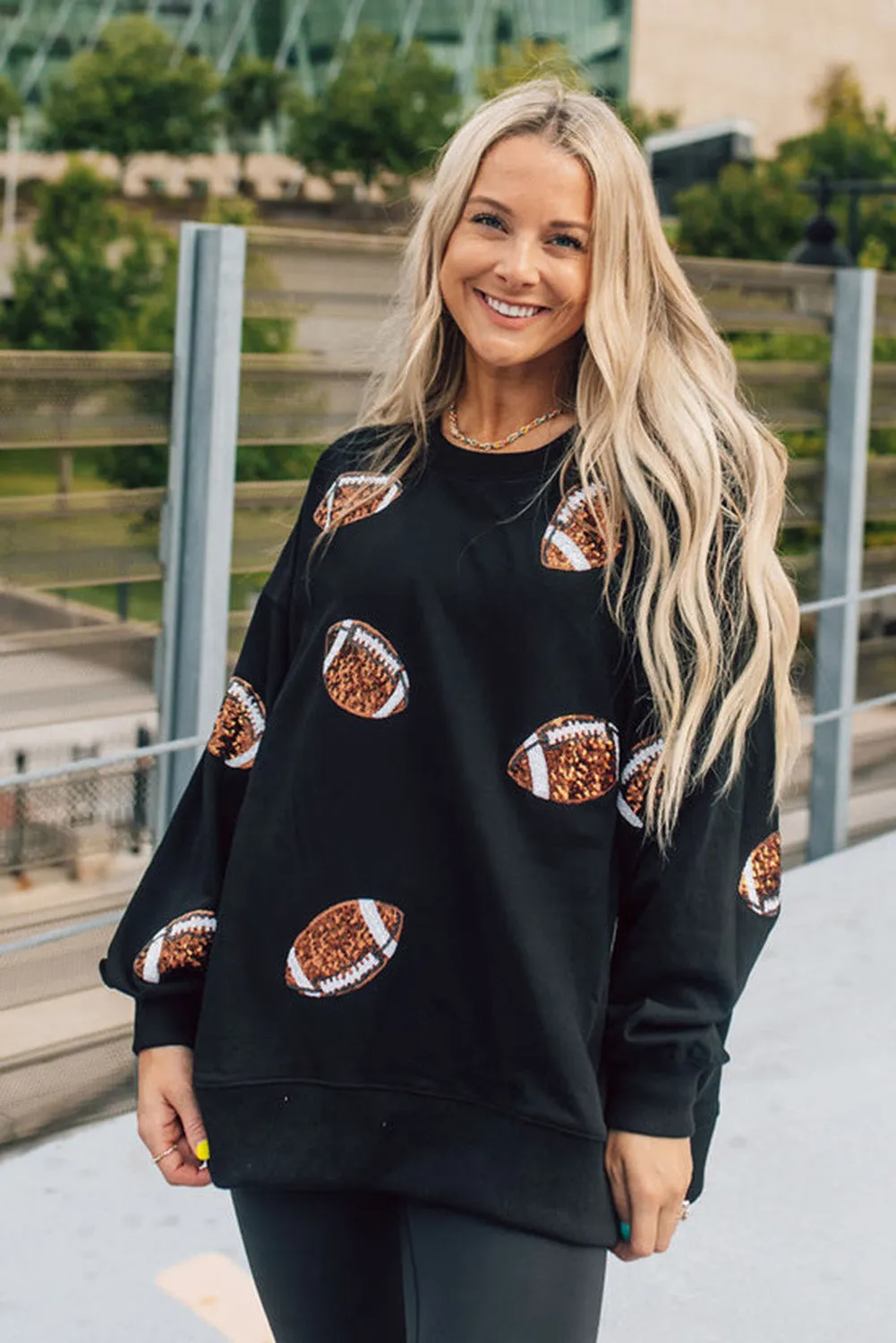 Black Sequin Rugby Graphic Pullover Sweatshirt