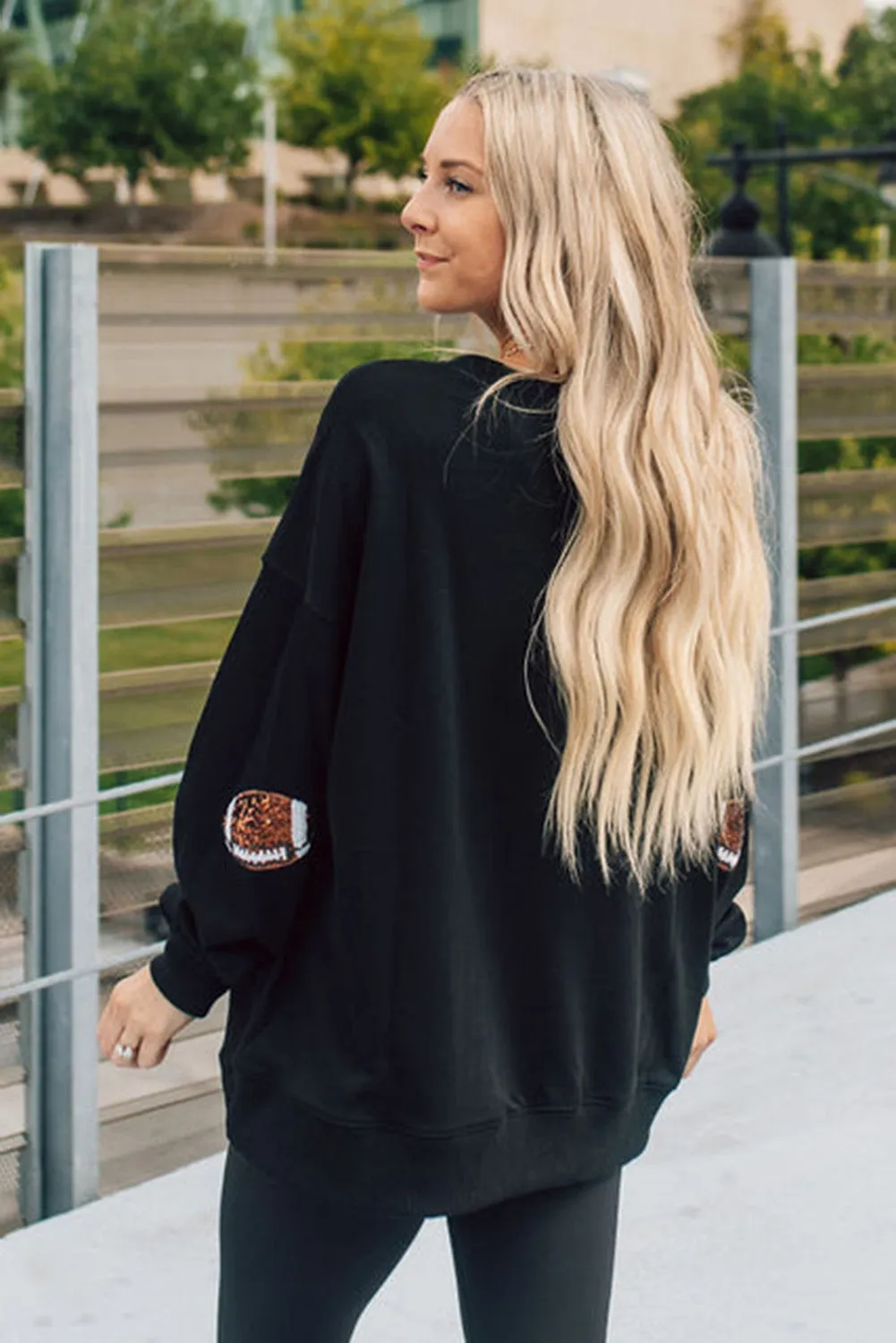 Black Sequin Rugby Graphic Pullover Sweatshirt