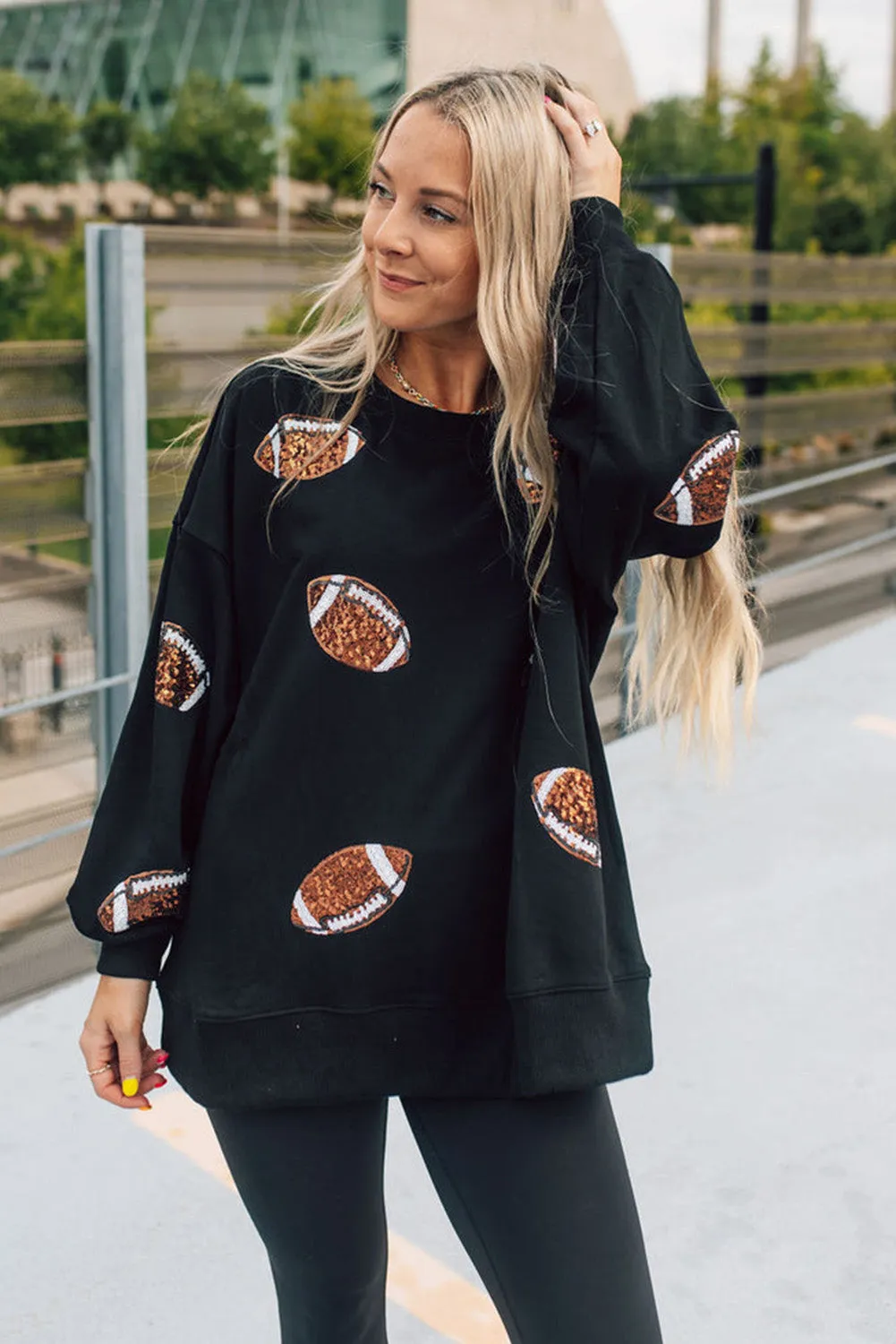 Black Sequin Rugby Graphic Pullover Sweatshirt