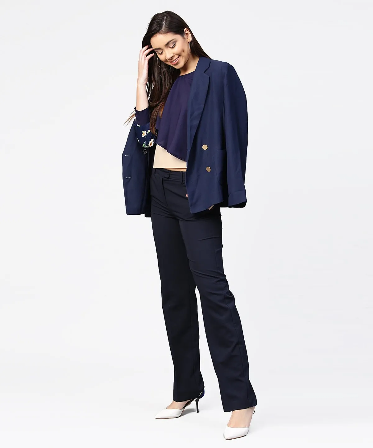 Blue full sleeve assymetric layered crepe tops