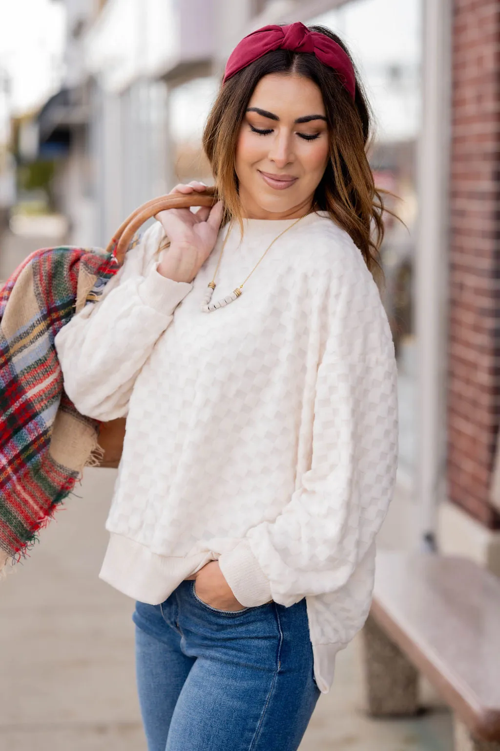 Checkered Side Slit Sweatshirt