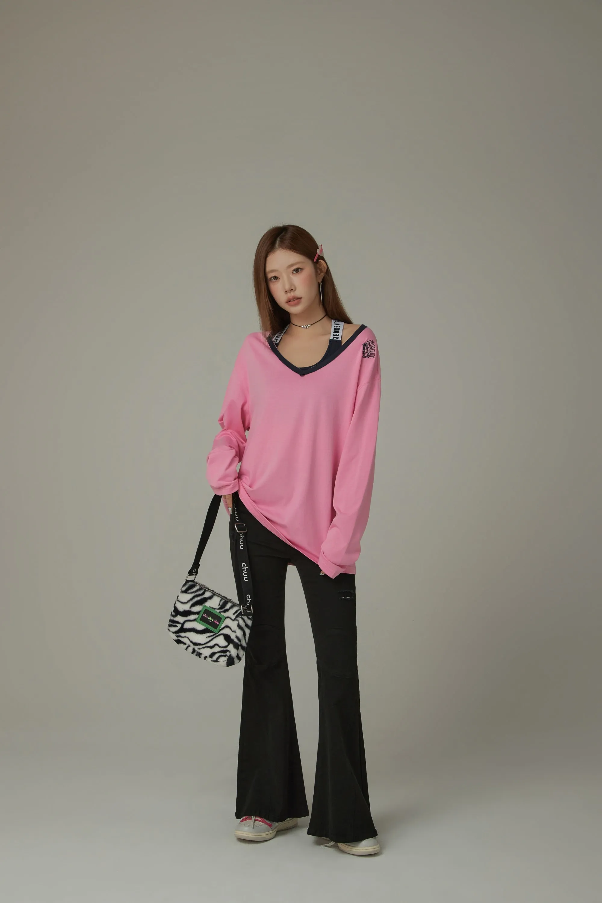 Color V Neck Loose Fit Long Sleeve Basic T-Shirt
