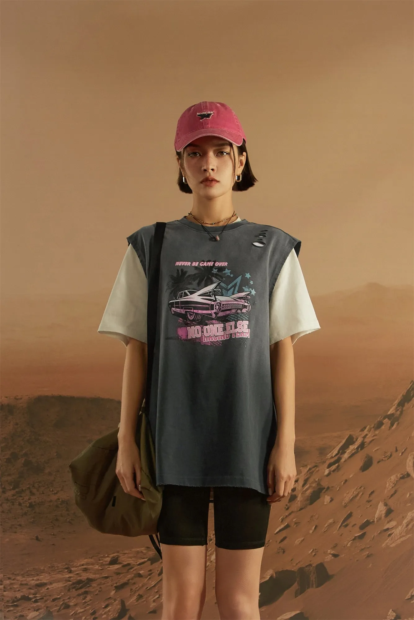 Distressed Printed Car Loose Fit T-Shirt