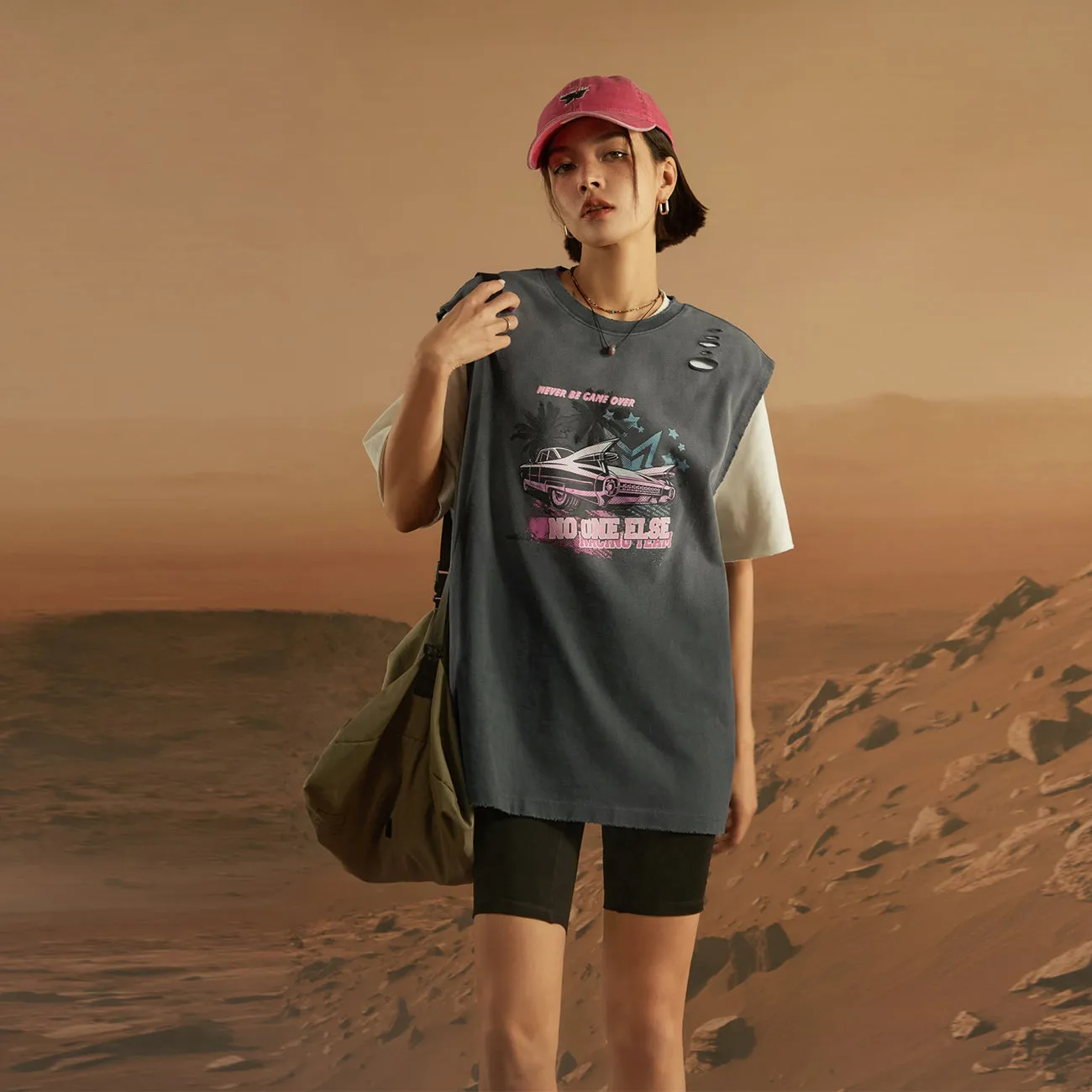 Distressed Printed Car Loose Fit T-Shirt