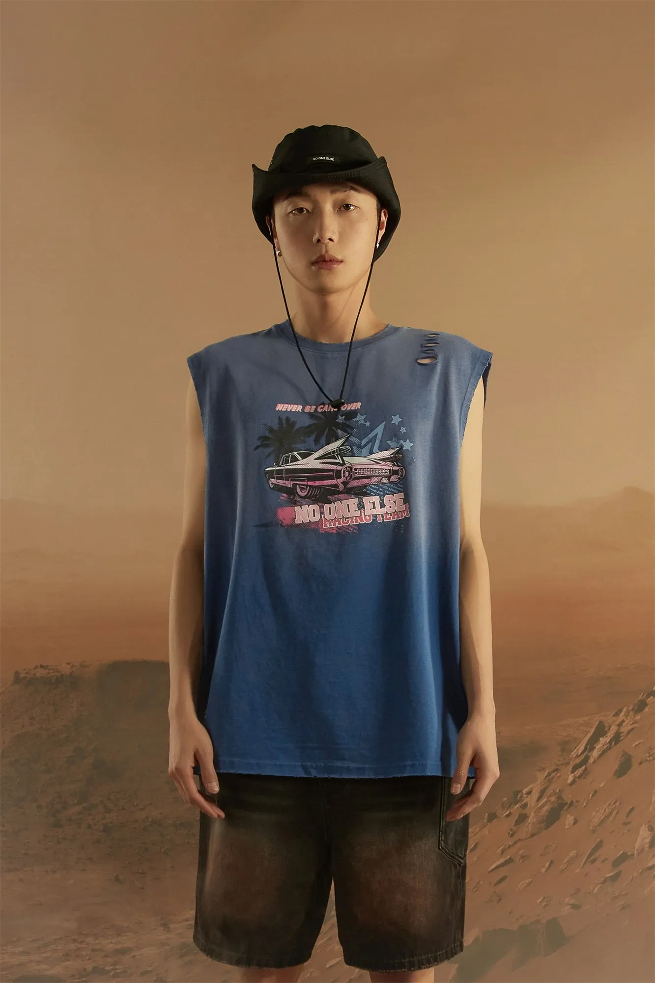 Distressed Printed Car Loose Fit T-Shirt