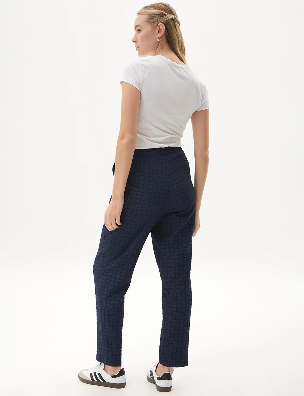 Elastic Waist Textured Trousers Navy Blue
