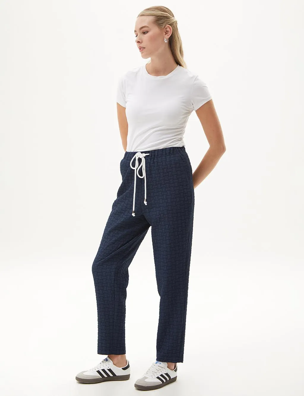 Elastic Waist Textured Trousers Navy Blue