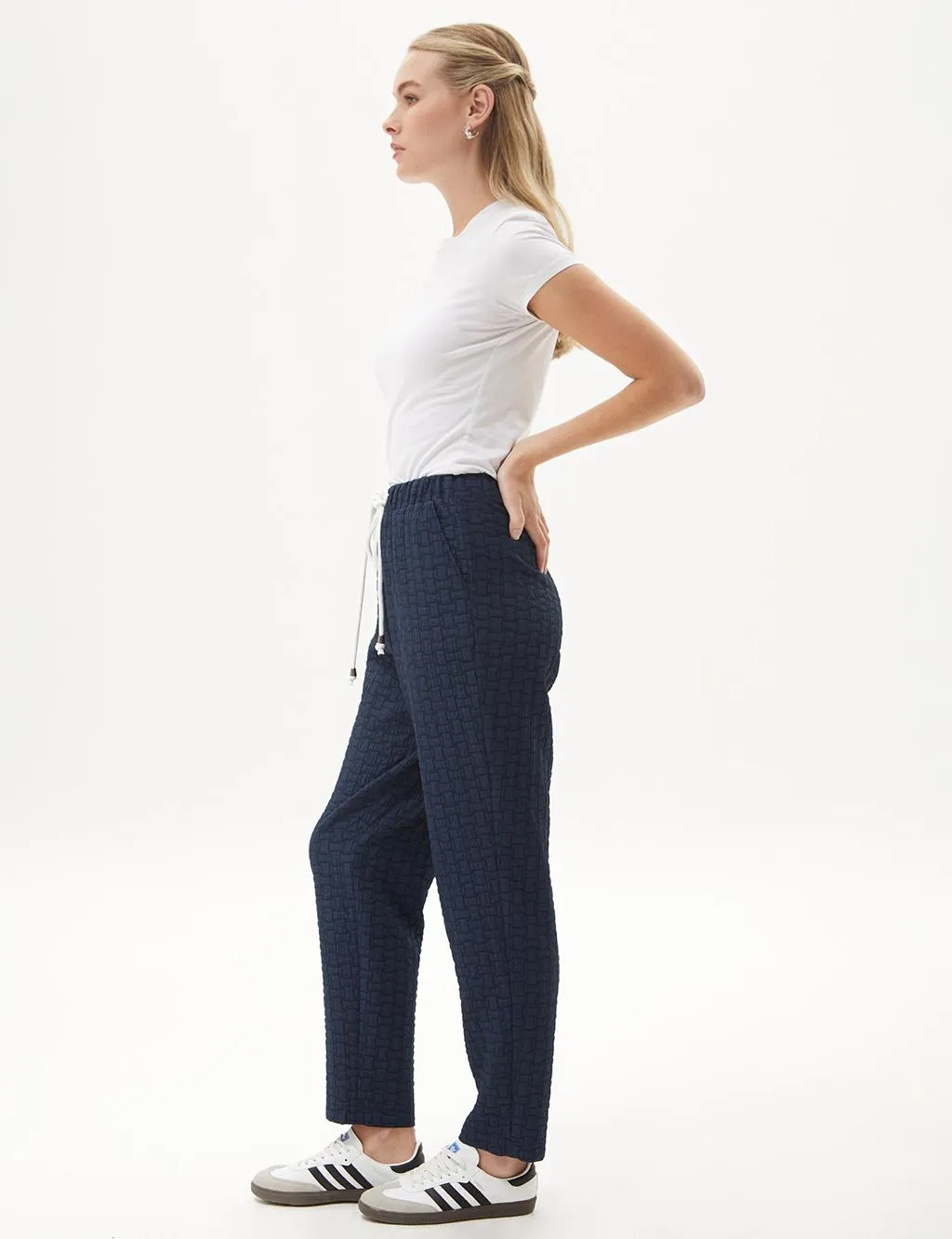 Elastic Waist Textured Trousers Navy Blue
