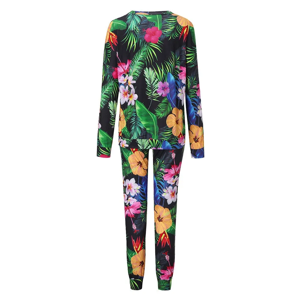 Fashion Casual 2Pcs Womens Print Tracksuits Set Lounge Wear Ladies Top Suit Pant Plus Size Woman Set Suit