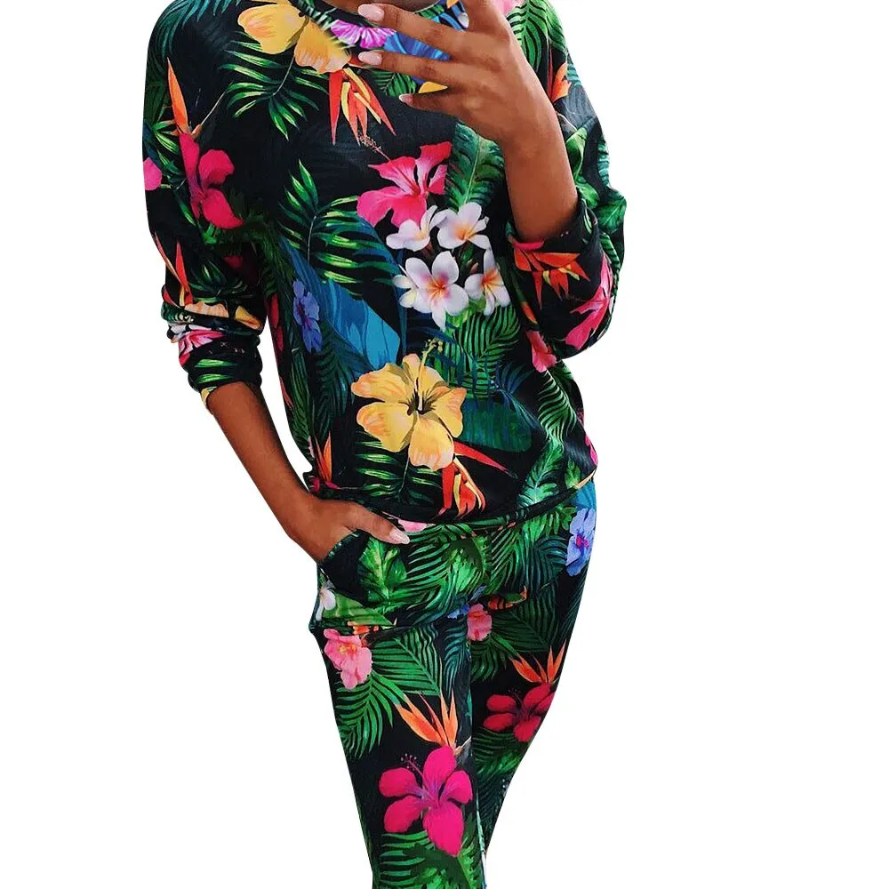 Fashion Casual 2Pcs Womens Print Tracksuits Set Lounge Wear Ladies Top Suit Pant Plus Size Woman Set Suit