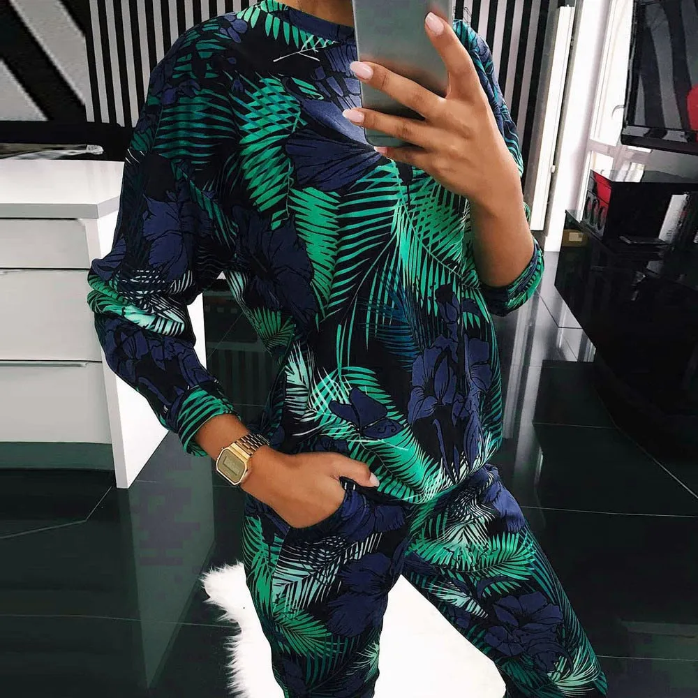 Fashion Casual 2Pcs Womens Print Tracksuits Set Lounge Wear Ladies Top Suit Pant Plus Size Woman Set Suit