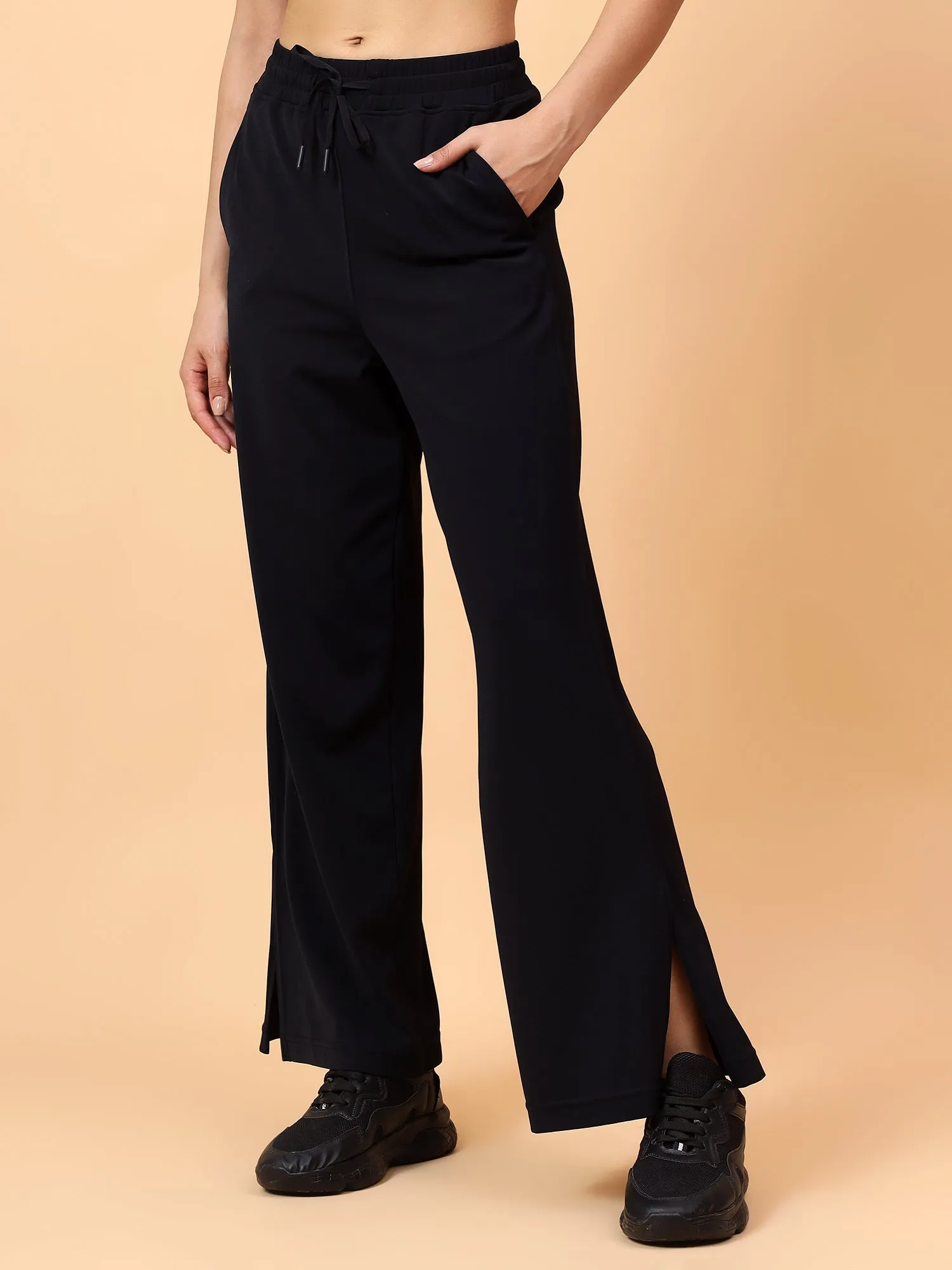 Fitkin Women Black Straight Fit Side Slit Pant
