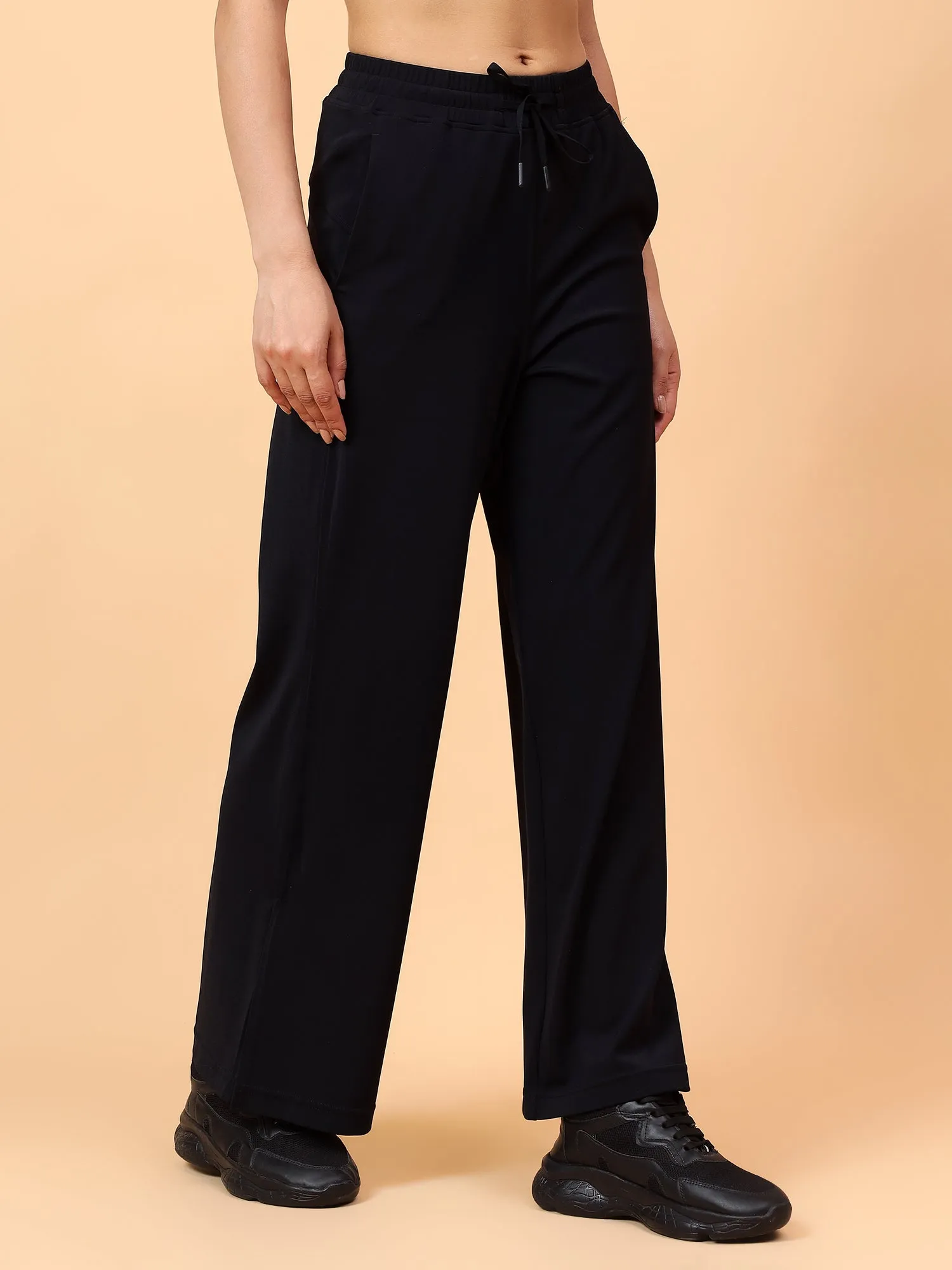 Fitkin Women Black Straight Fit Side Slit Pant