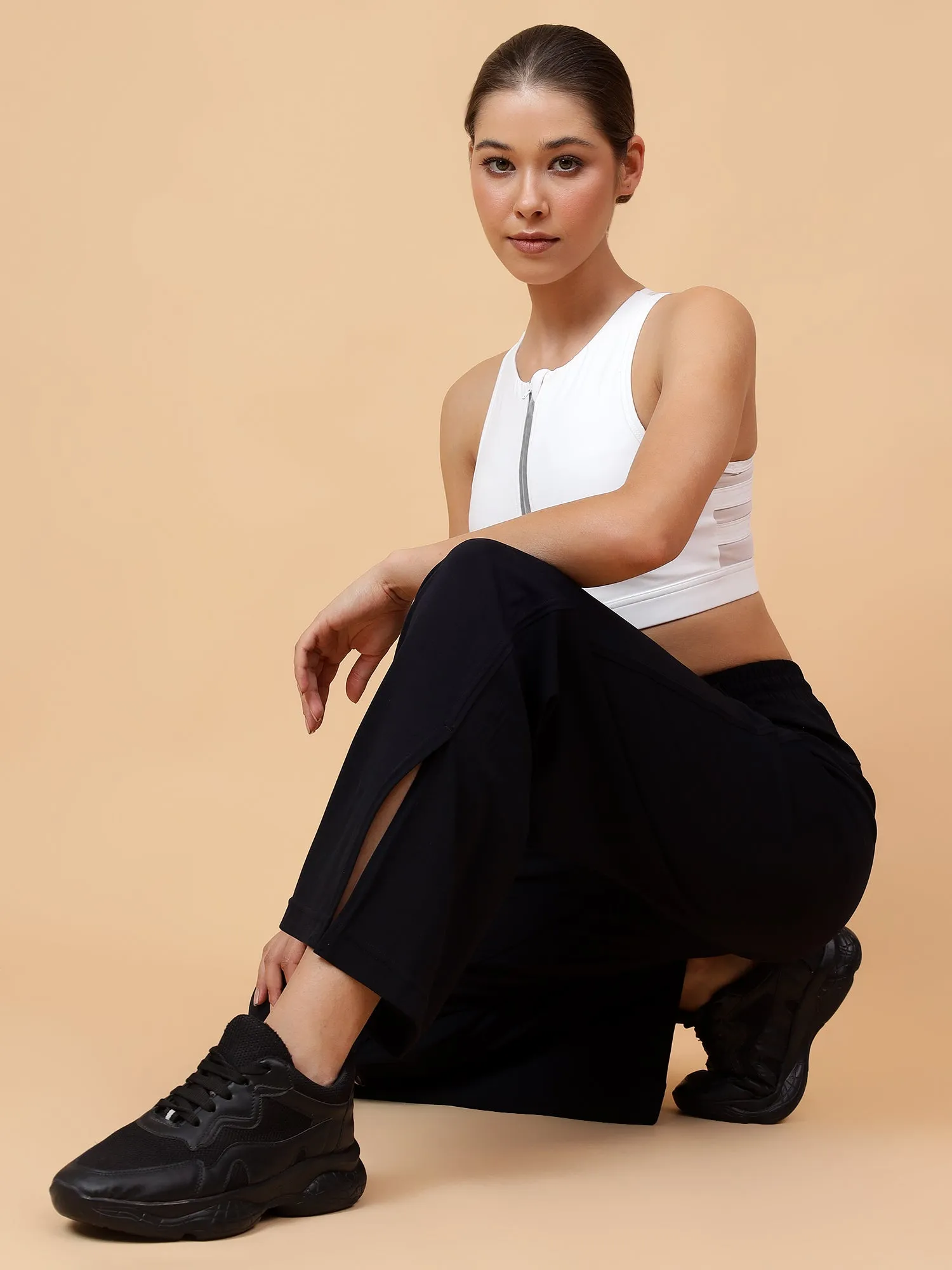 Fitkin Women Black Straight Fit Side Slit Pant