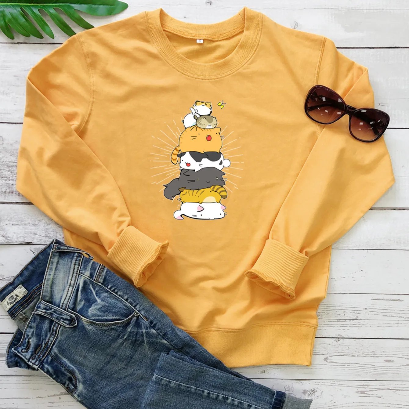 Fun Stacked Cats And Cats Printed Sweatshirts Wholesale Women Clothing