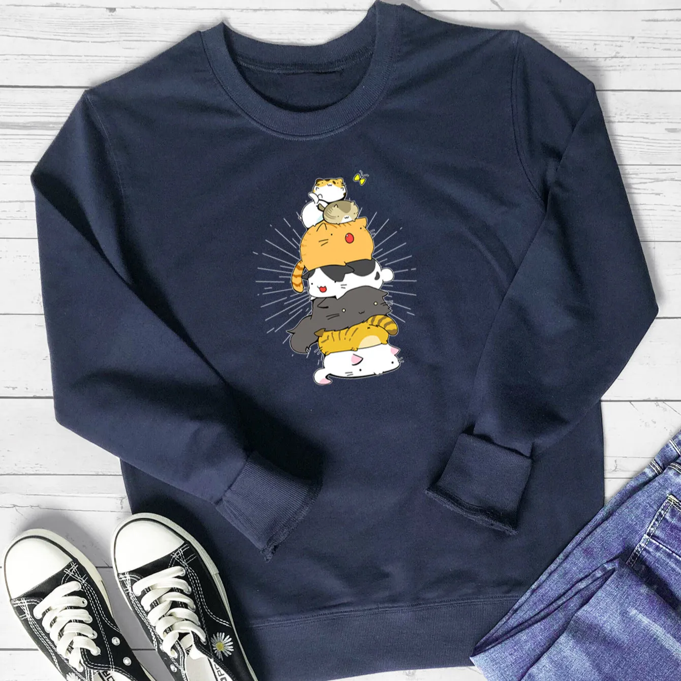 Fun Stacked Cats And Cats Printed Sweatshirts Wholesale Women Clothing