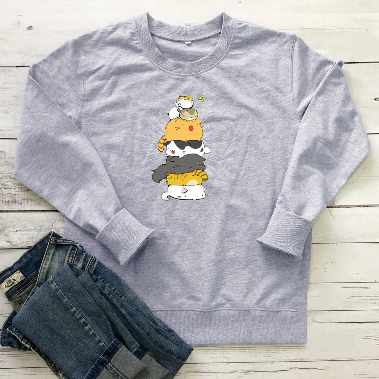 Fun Stacked Cats And Cats Printed Sweatshirts Wholesale Women Clothing