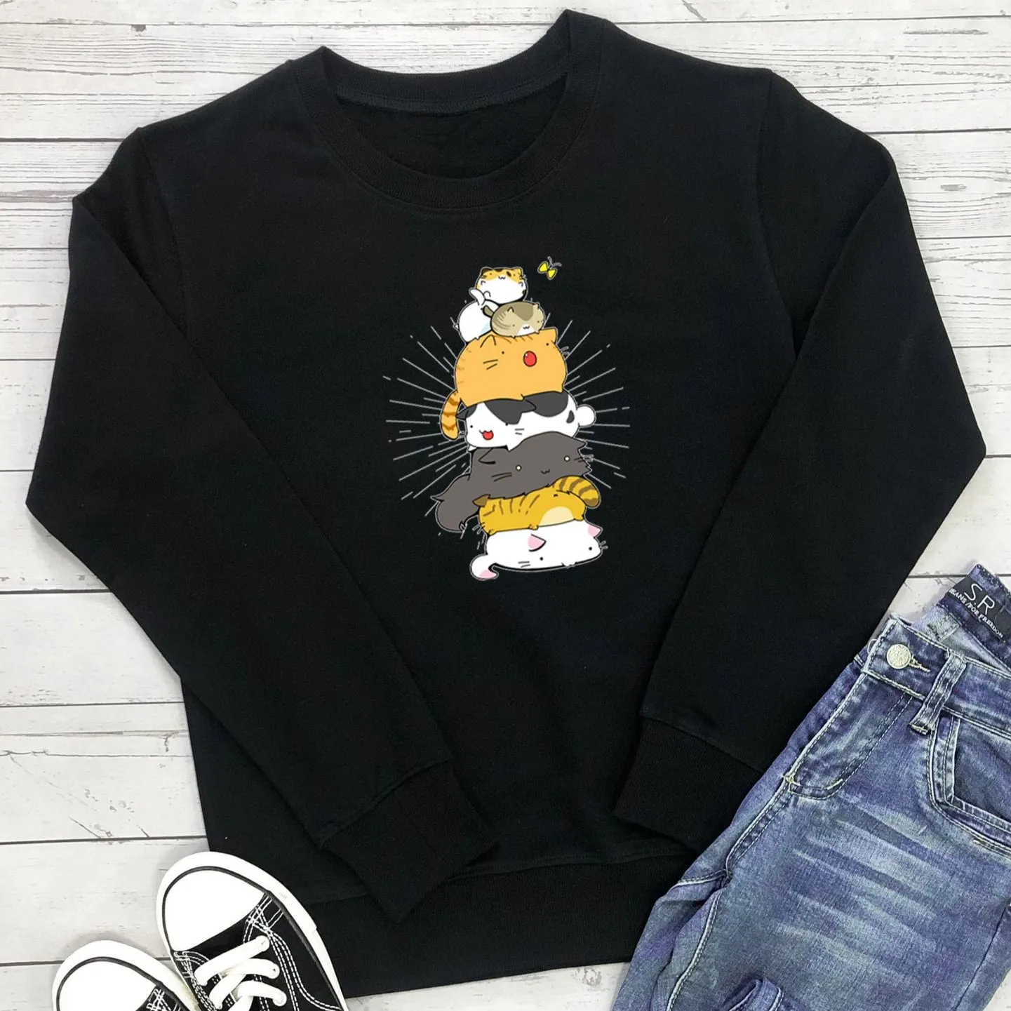 Fun Stacked Cats And Cats Printed Sweatshirts Wholesale Women Clothing
