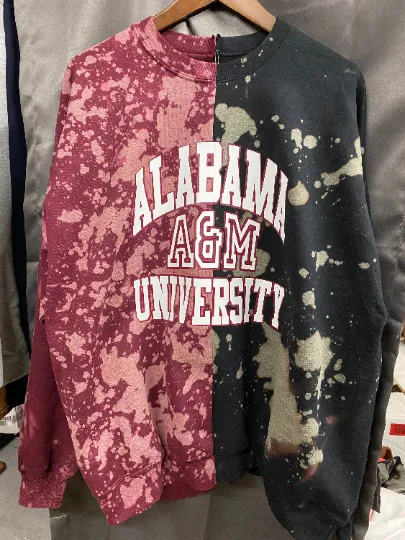 Handmade Alabama A & M University Maroon and Black Bleached half and half Crew neck Sweatshirt