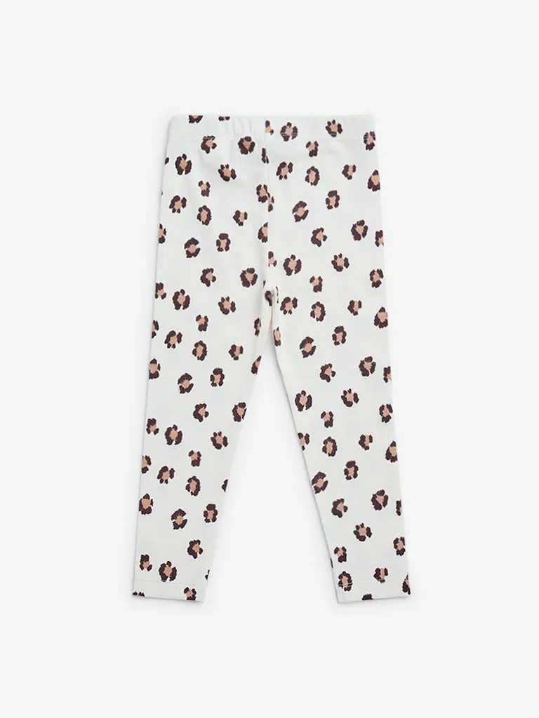 HOP Kids White Printed High-Rise Cotton-Blend Leggings