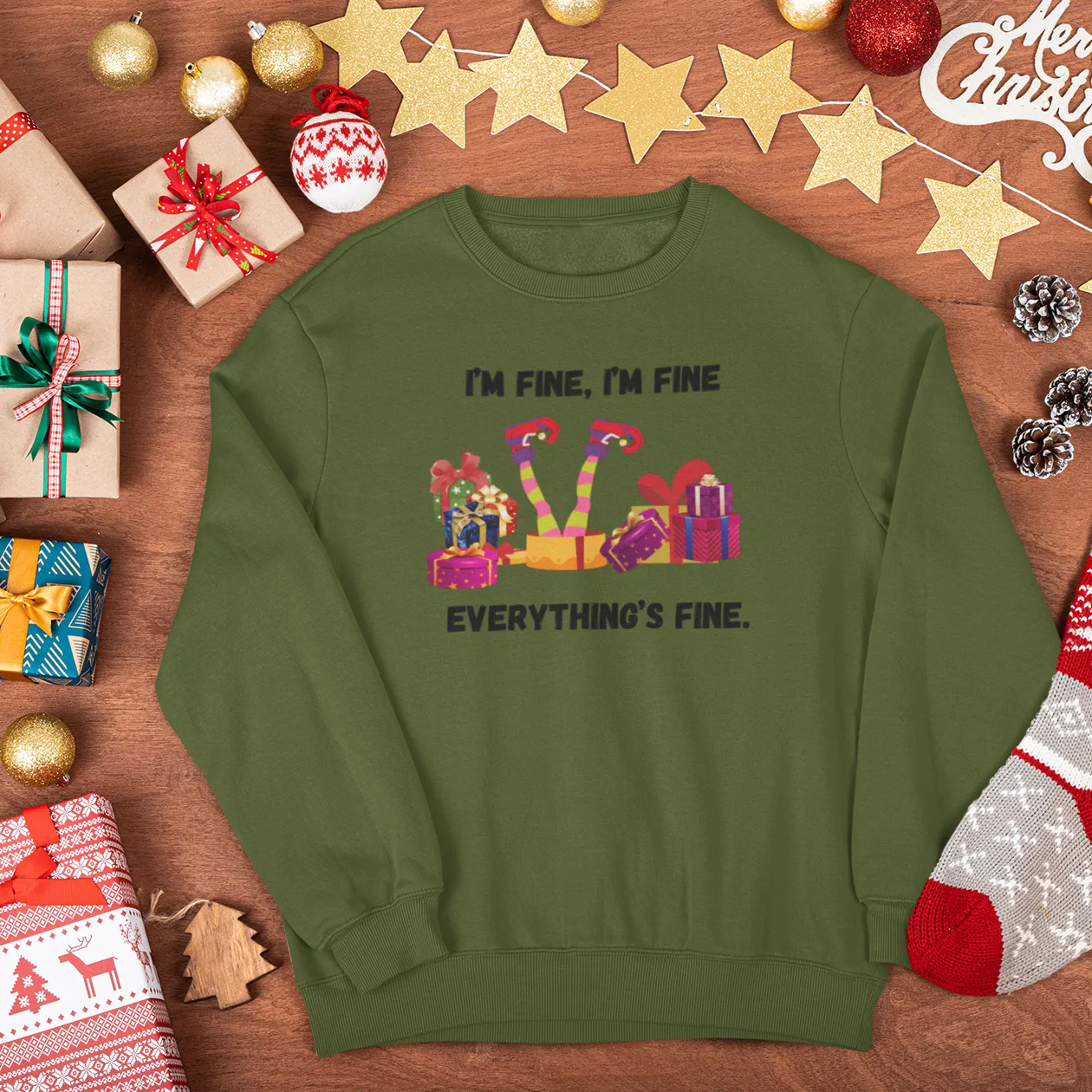 I'm Fine This Is Fine Everything Is Fine Sweatshirt, Christmas Lights Sweatshirt, Anxiety Gift For Xmas, Holiday Gift, Introverts Xmas Gift