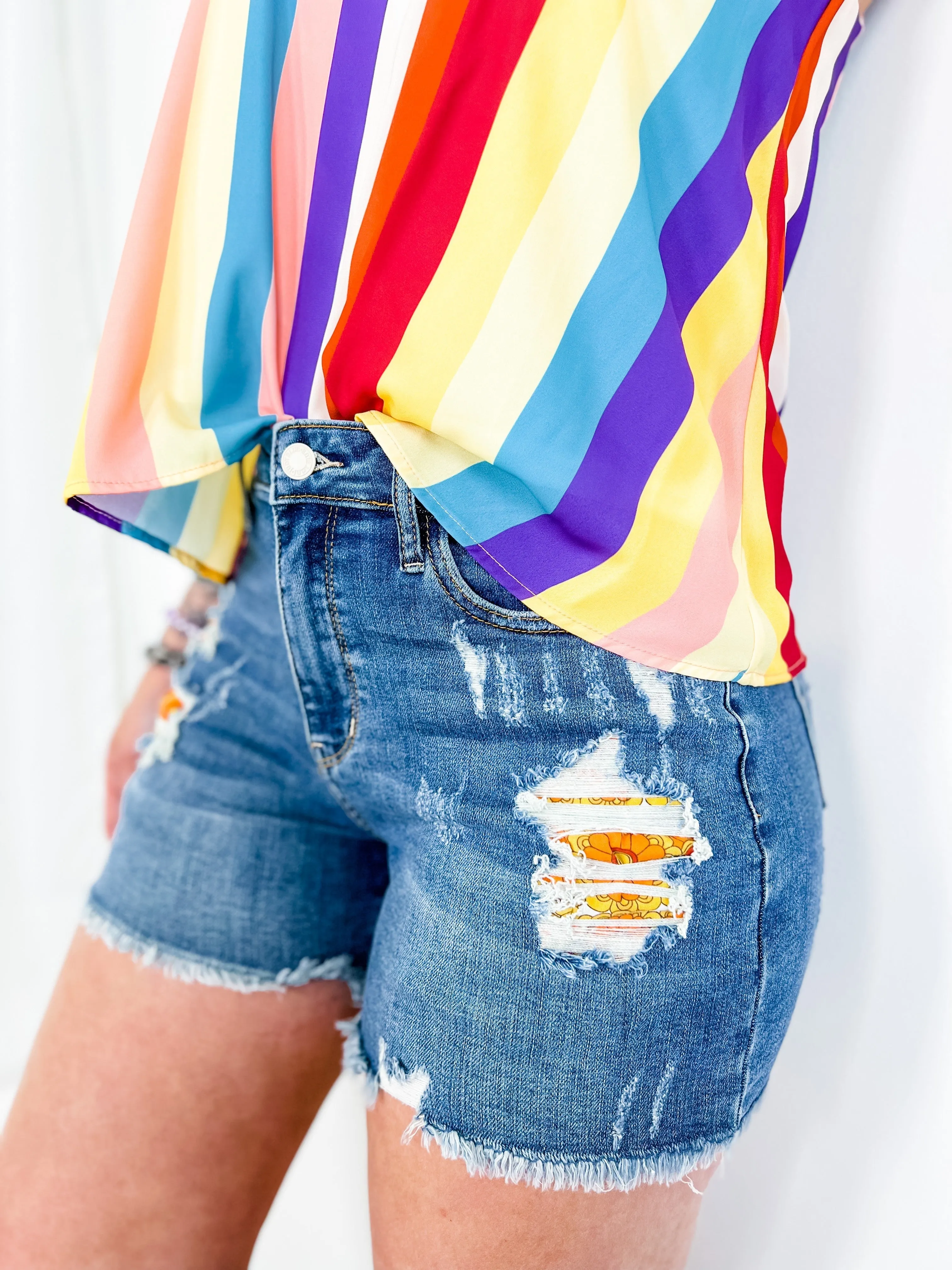 Judy Blue Dark Wash High Rise Printed Pocket Lining Cut Off Shorts