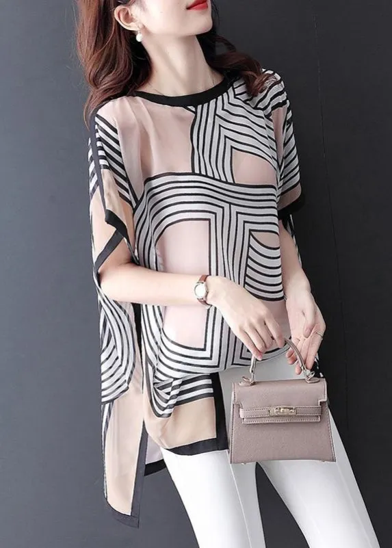 Khaki Print Side Open T Shirts O Neck Summer OP1019