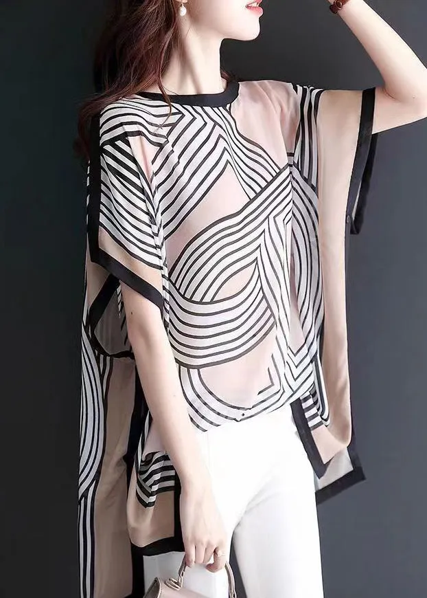 Khaki Print Side Open T Shirts O Neck Summer OP1019