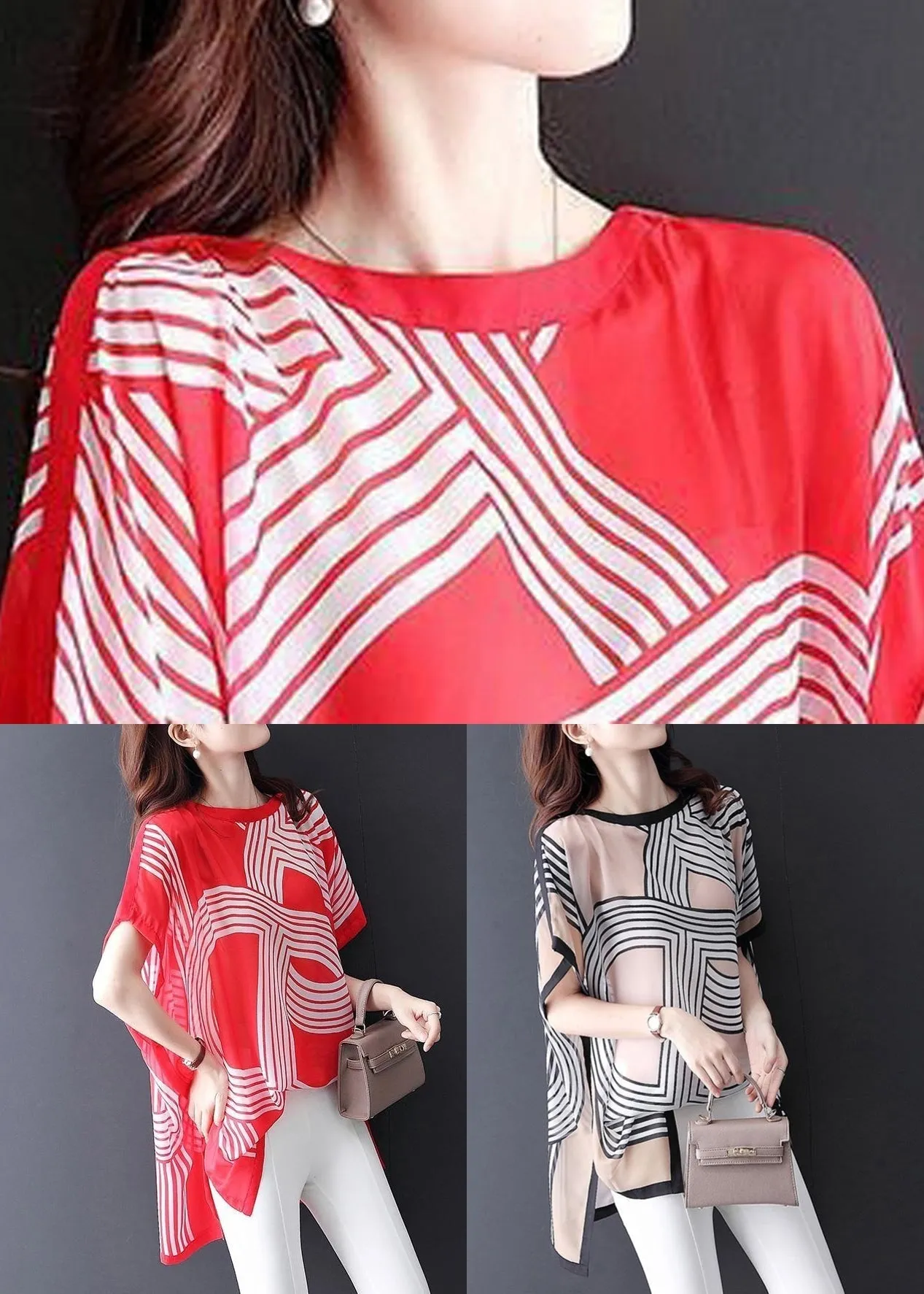 Khaki Print Side Open T Shirts O Neck Summer OP1019