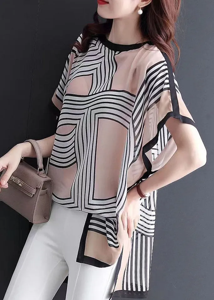 Khaki Print Side Open T Shirts O Neck Summer OP1019