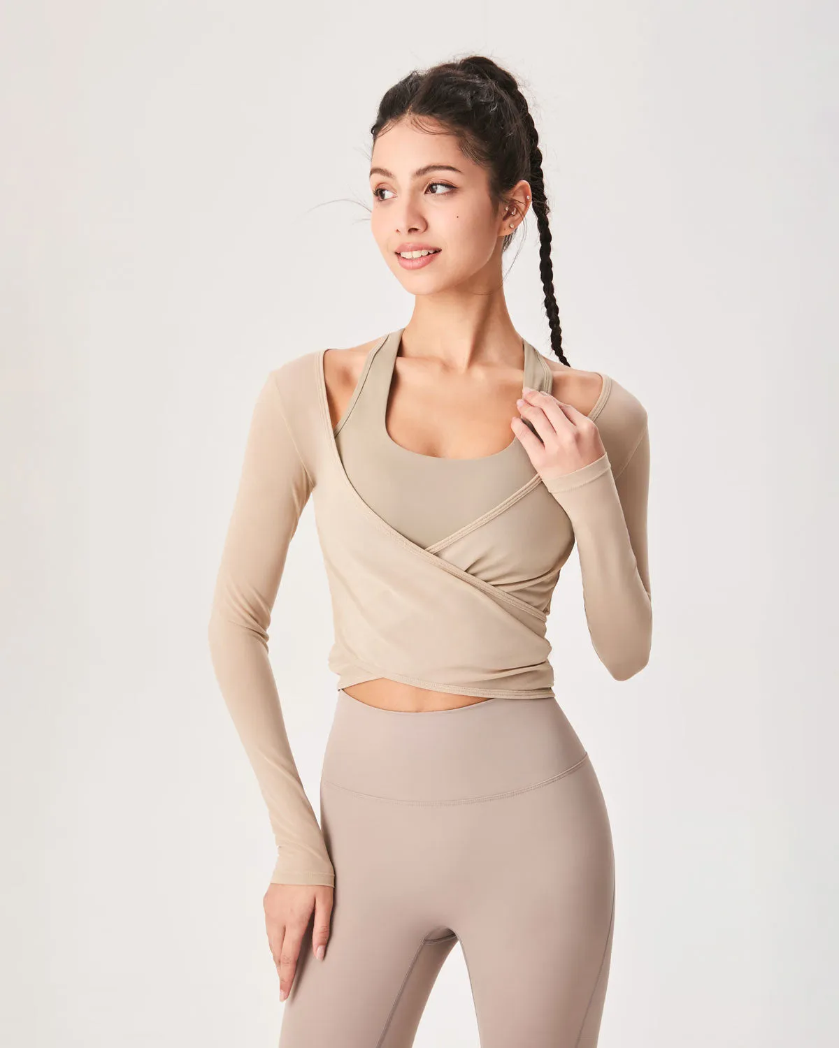 Khaki Surplice Long Sleeve Top