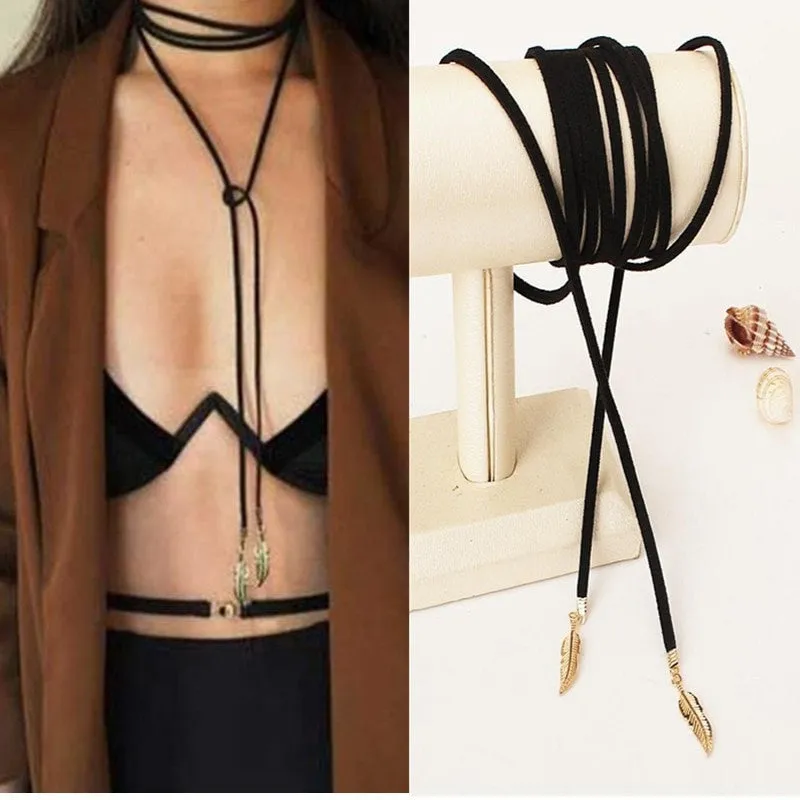 Long Black Leather Leaf Choker