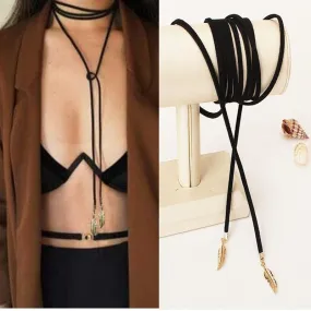 Long Black Leather Leaf Choker
