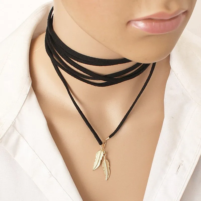 Long Black Leather Leaf Choker