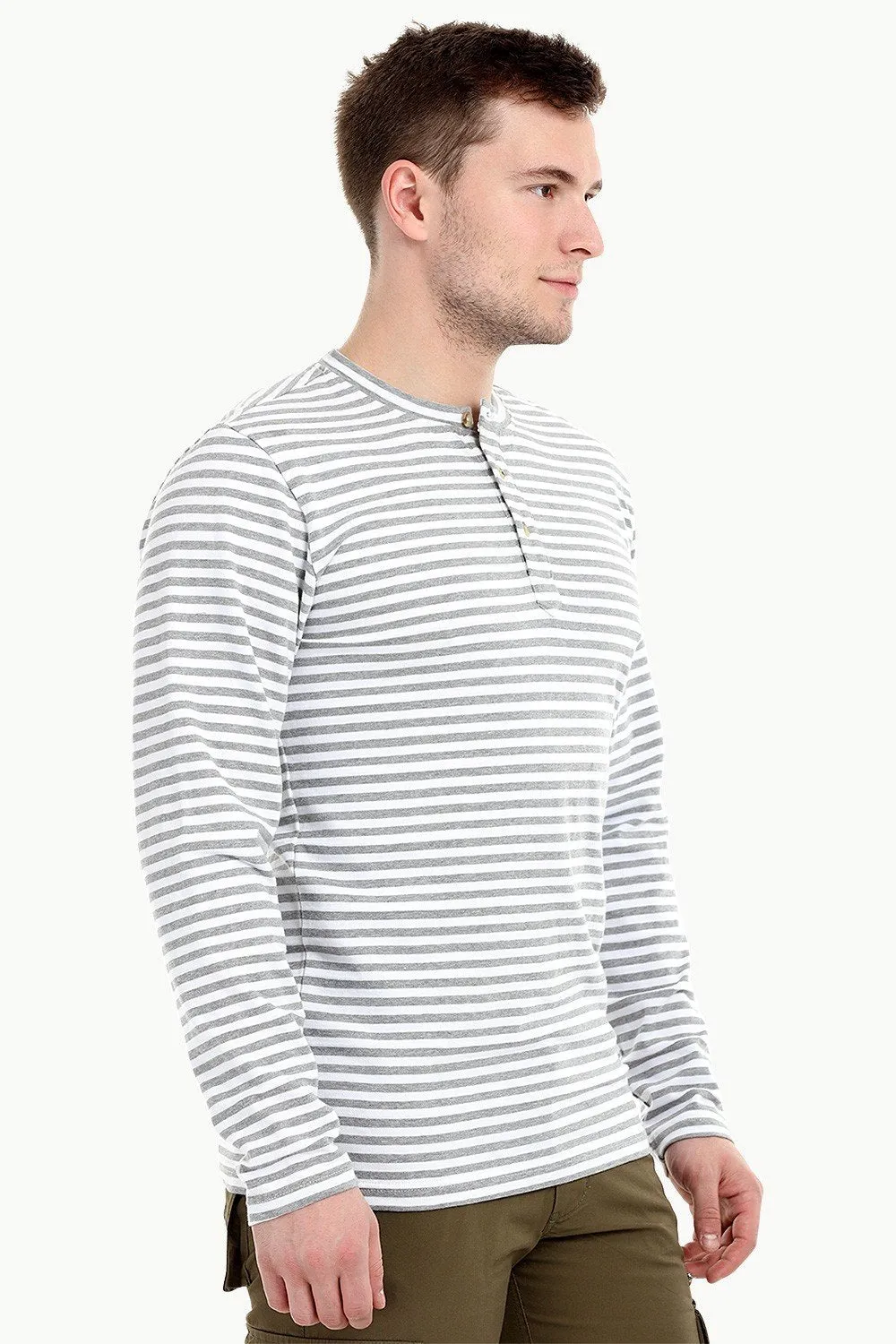 Men's Knit White/Grey Stripe Henley Sweatshirt