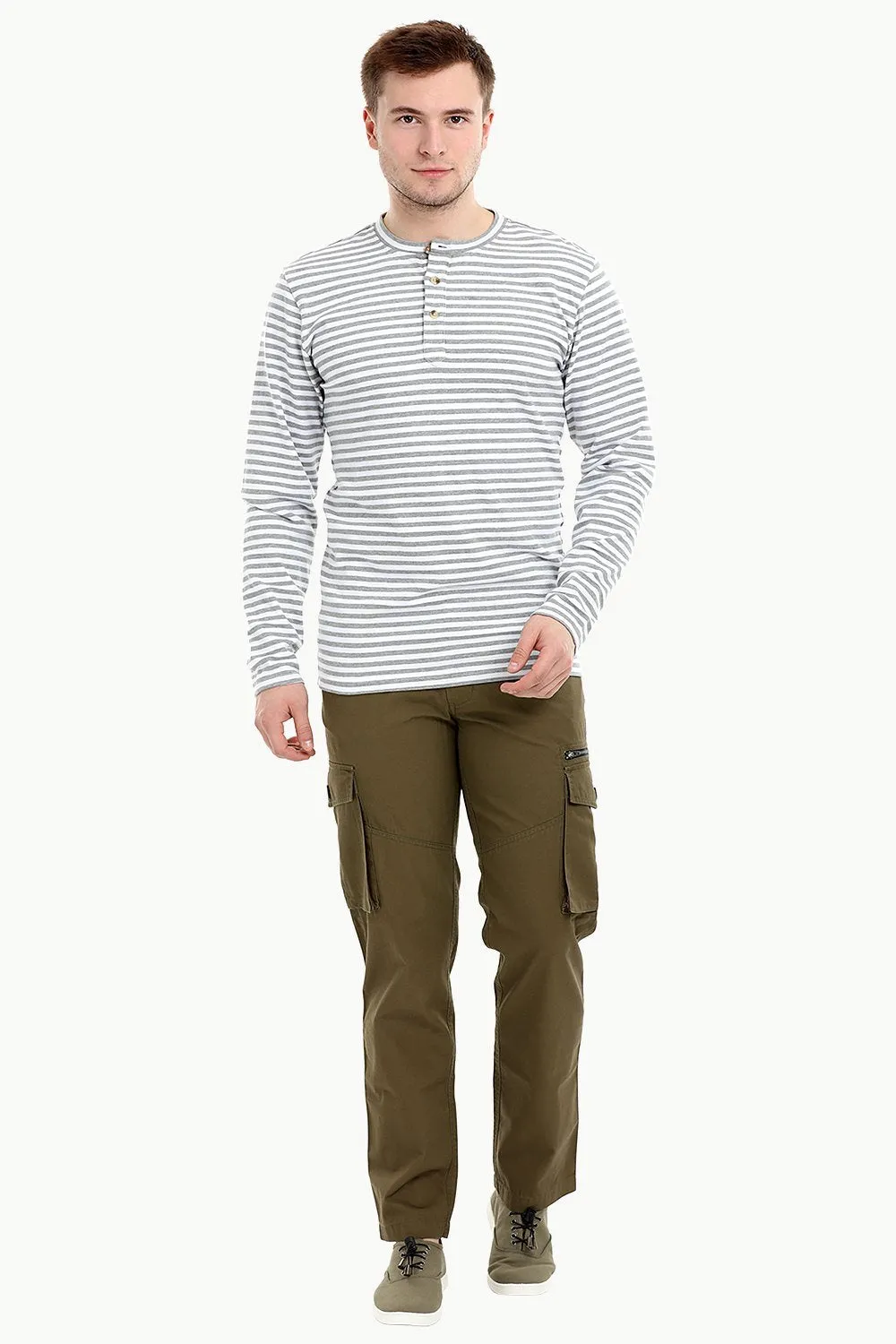 Men's Knit White/Grey Stripe Henley Sweatshirt